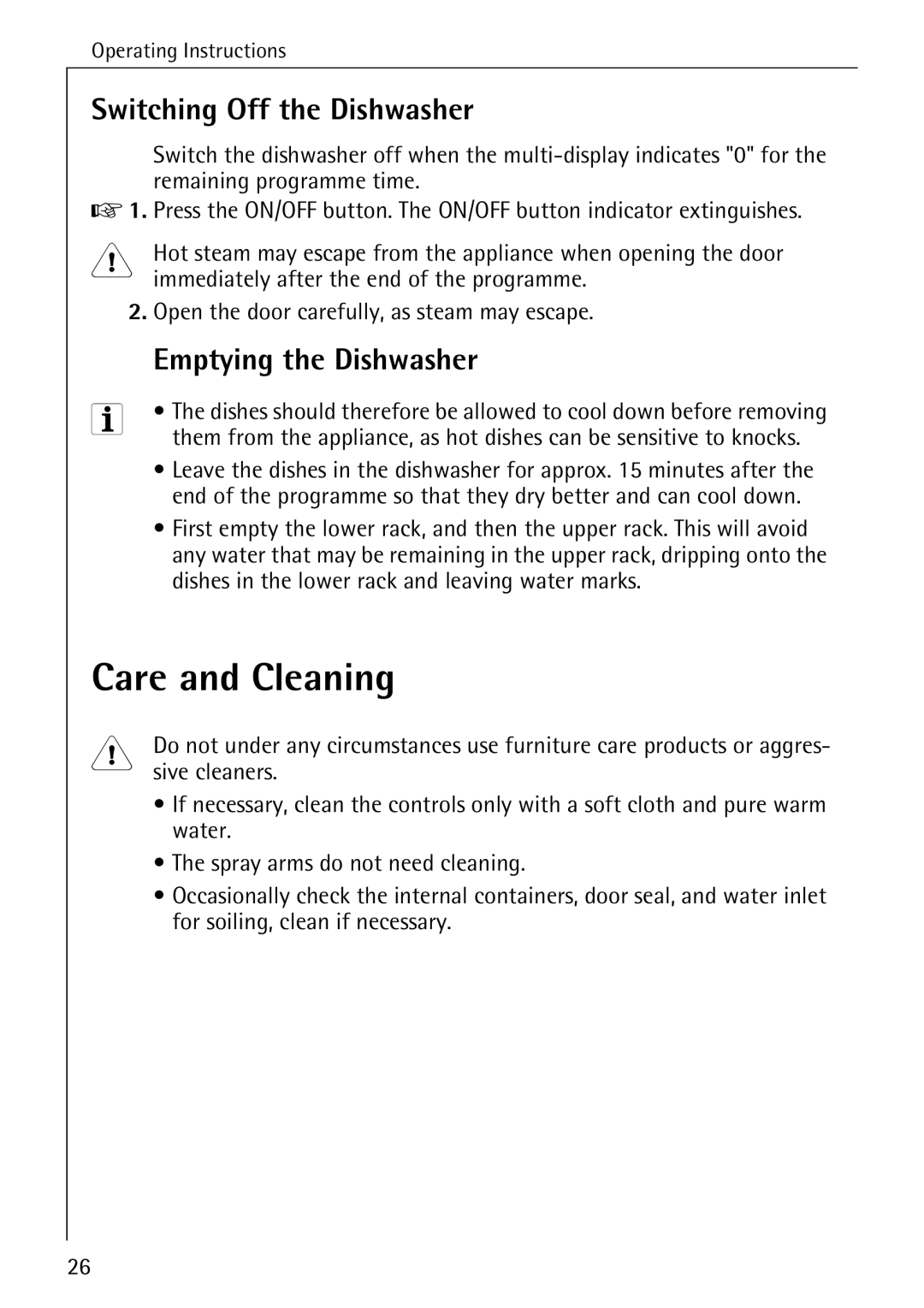 AEG 3A manual Care and Cleaning, Switching Off the Dishwasher, Emptying the Dishwasher 