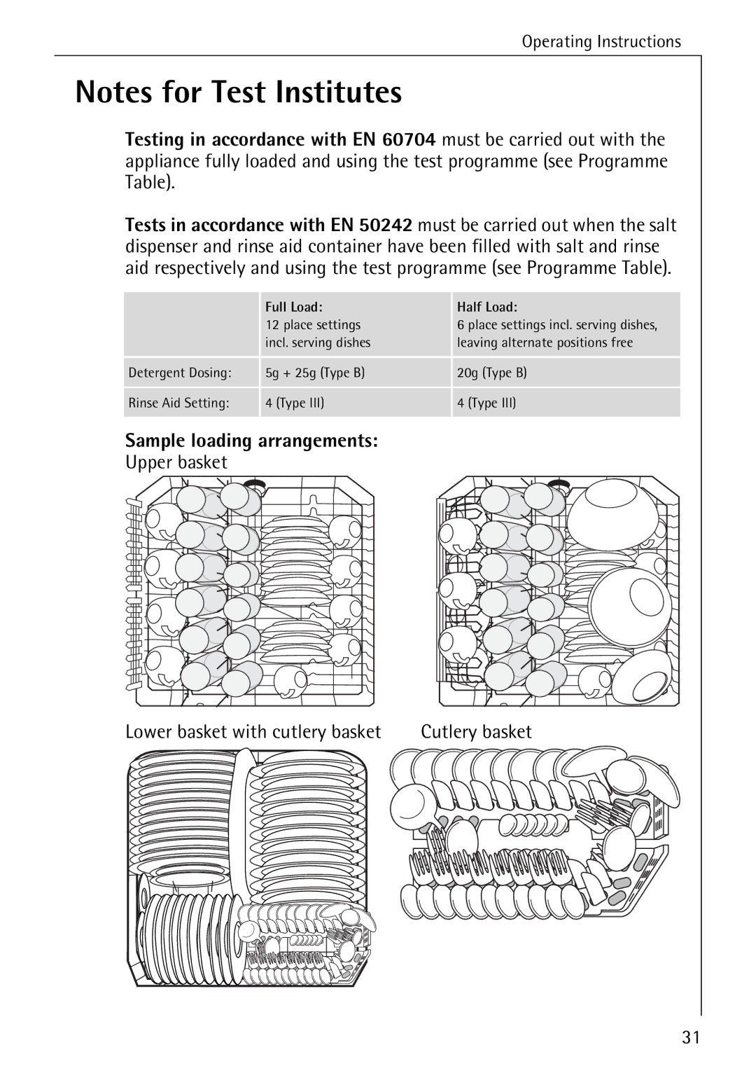 AEG 3A manual Sample loading arrangements, Upper basket Lower basket with cutlery basket 