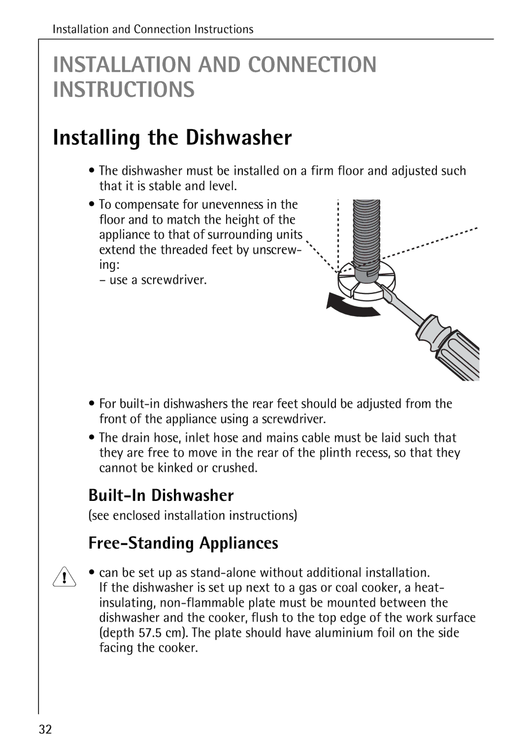 AEG 3A manual Installing the Dishwasher, Built-In Dishwasher, Free-Standing Appliances, Cannot be kinked or crushed 