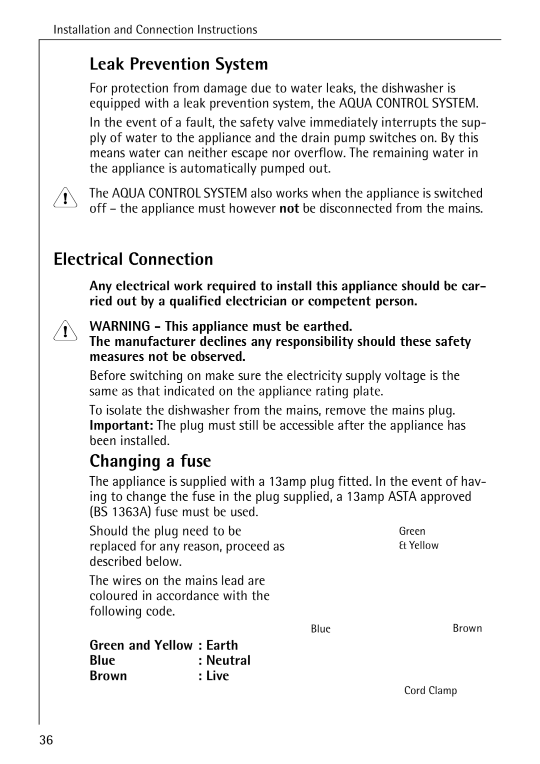 AEG 3A manual Leak Prevention System, Electrical Connection, Changing a fuse 