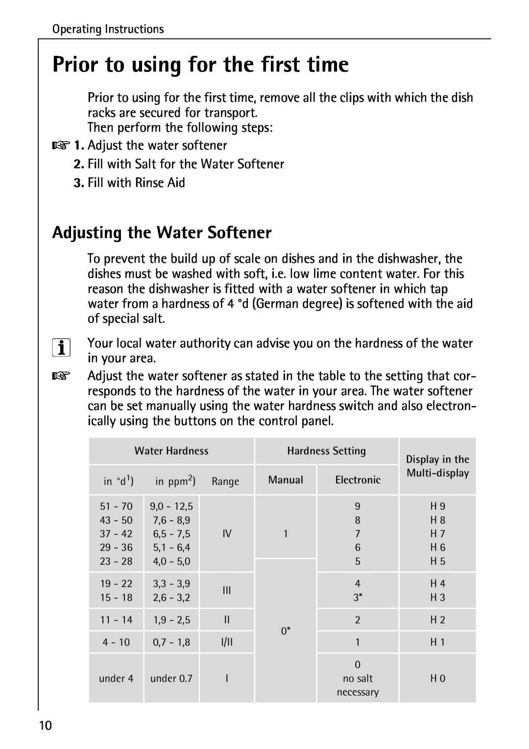 AEG 3A manual Prior to using for the first time, Adjusting the Water Softener 