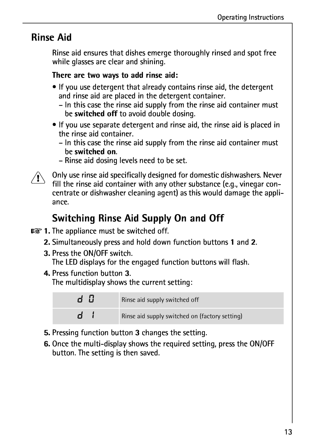 AEG 3A manual Switching Rinse Aid Supply On and Off, There are two ways to add rinse aid 