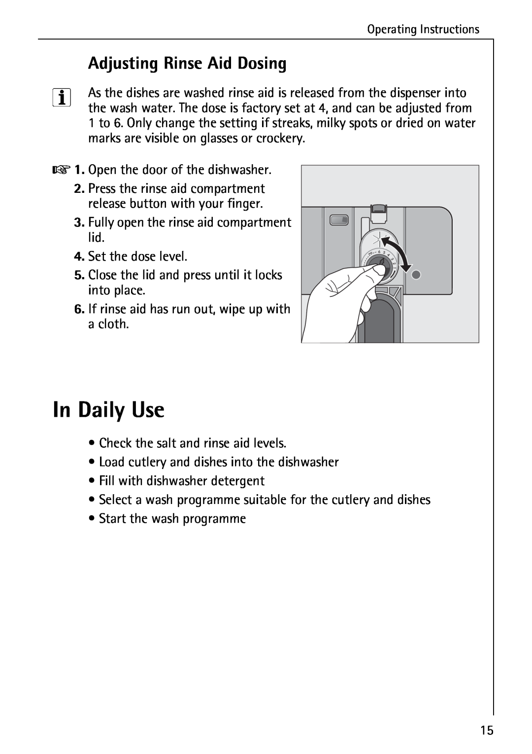 AEG 3A manual In Daily Use, Adjusting Rinse Aid Dosing 