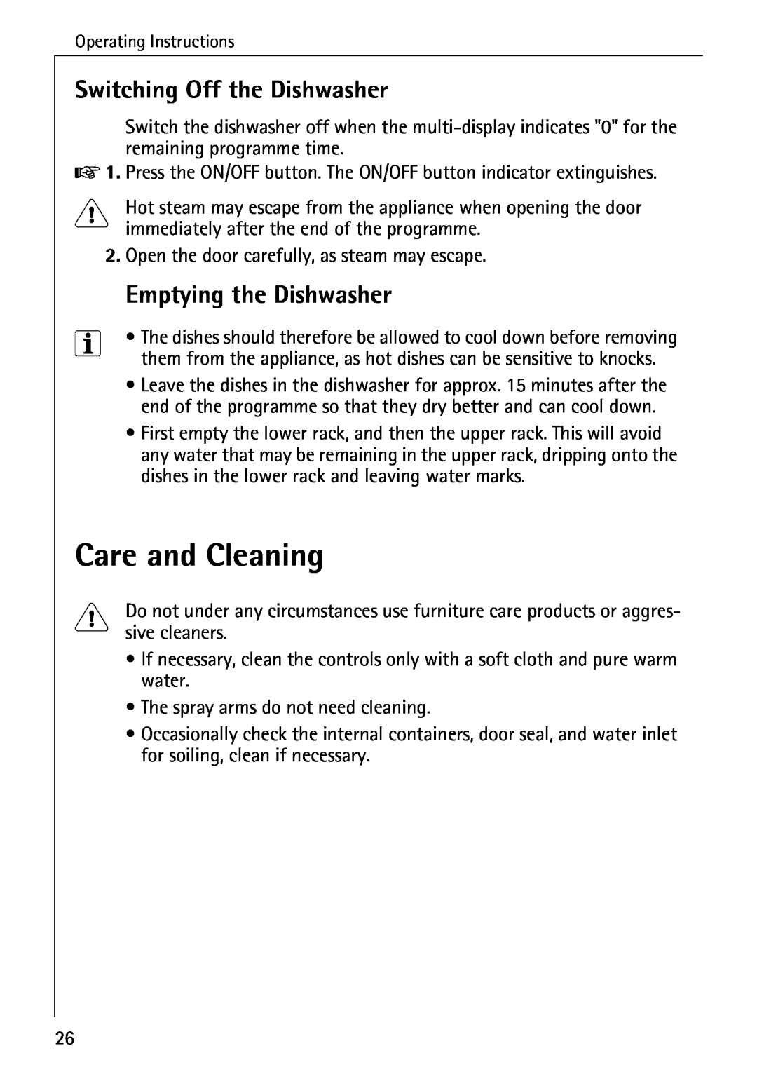 AEG 3A manual Care and Cleaning, Switching Off the Dishwasher, Emptying the Dishwasher 