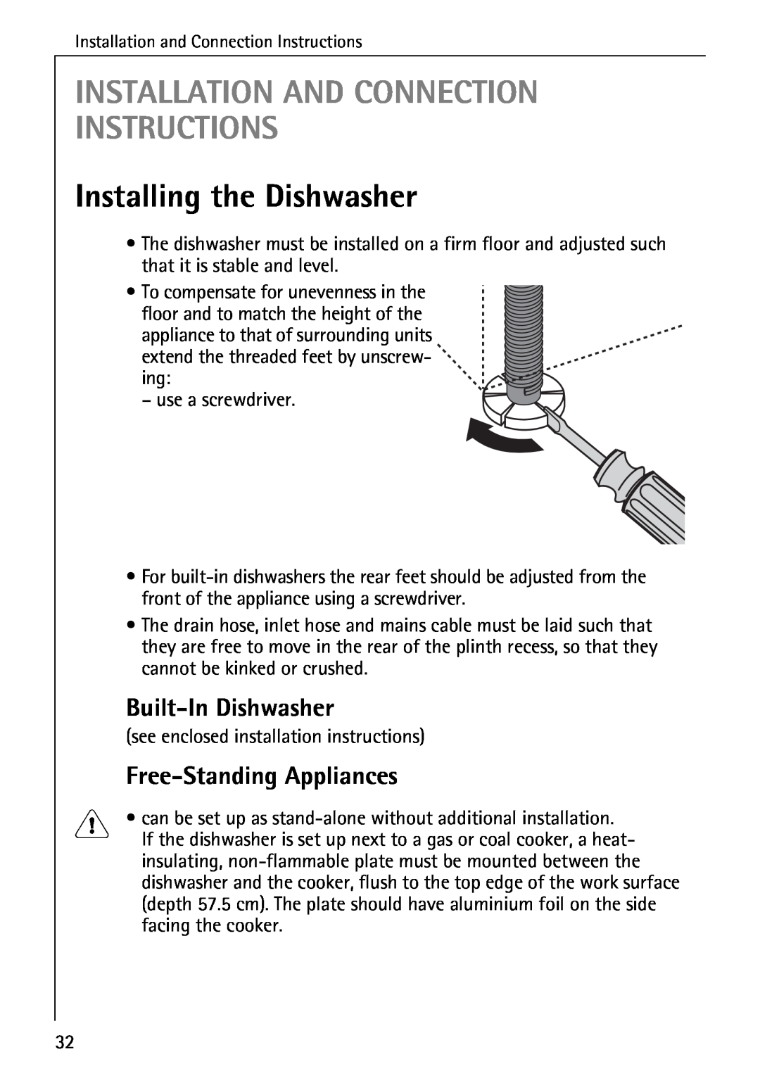 AEG 3A Installation And Connection Instructions, Installing the Dishwasher, Built-In Dishwasher, Free-Standing Appliances 