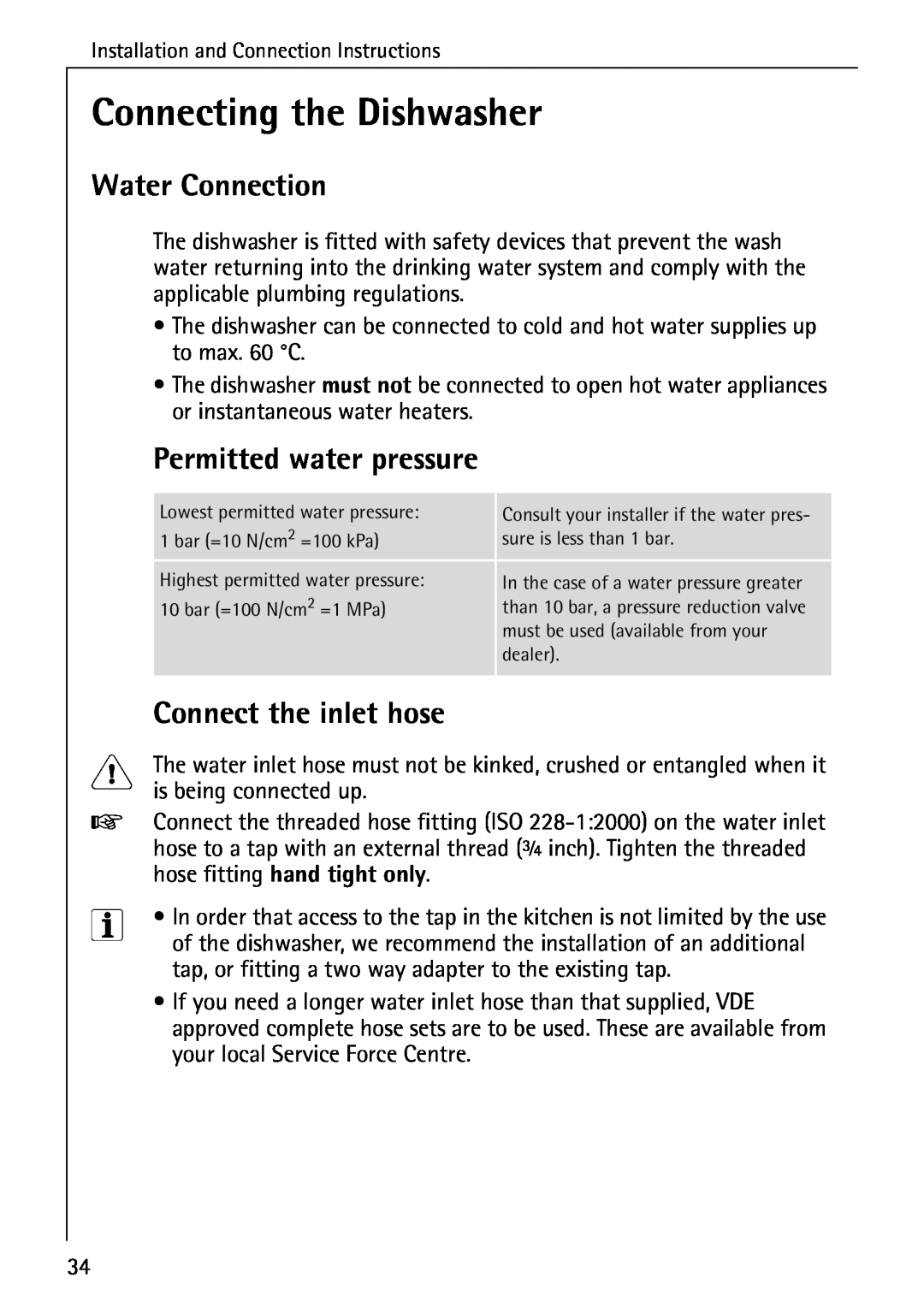 AEG 3A manual Connecting the Dishwasher, Water Connection, Permitted water pressure, Connect the inlet hose 