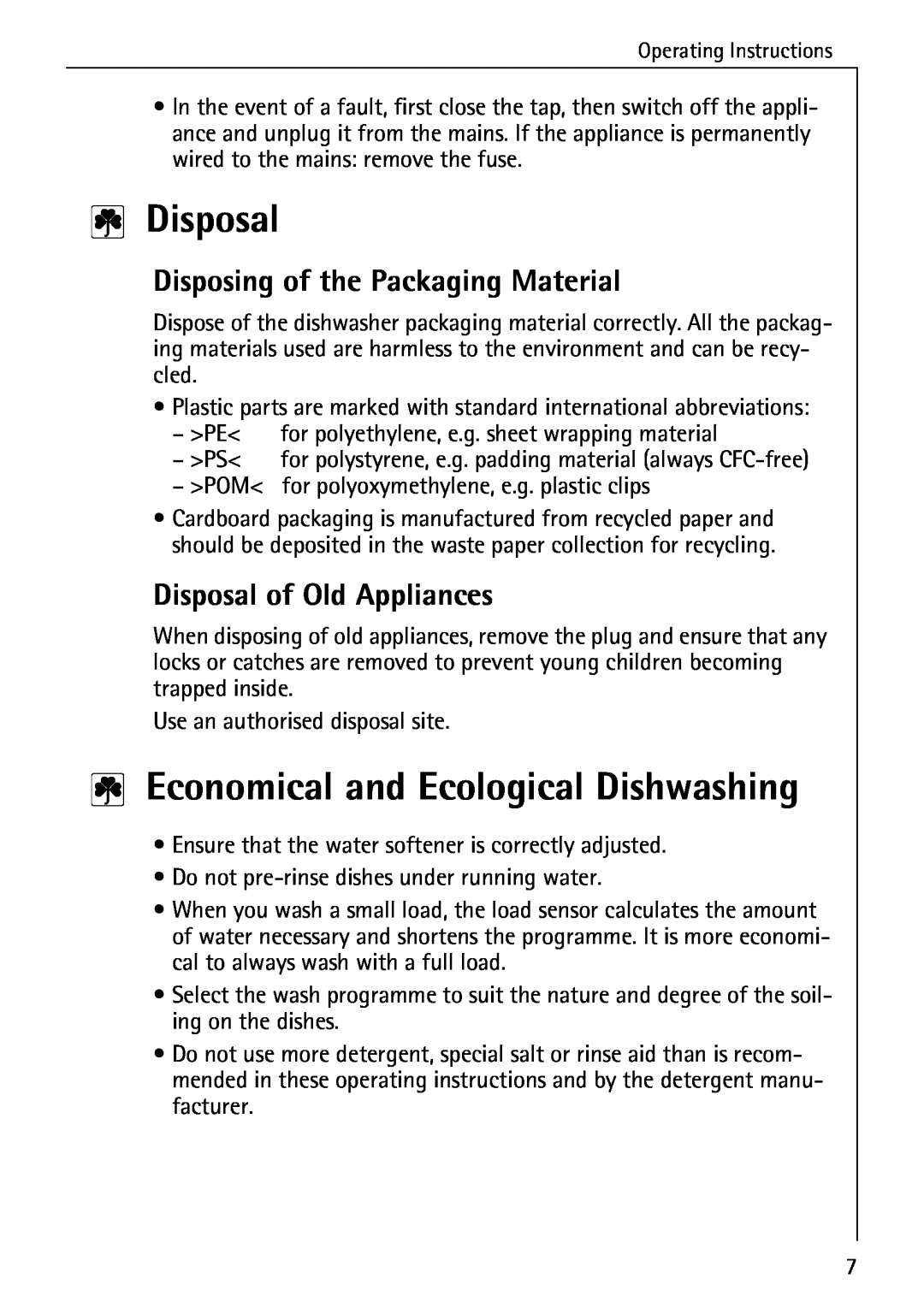 AEG 3A manual Economical and Ecological Dishwashing, Disposing of the Packaging Material, Disposal of Old Appliances 