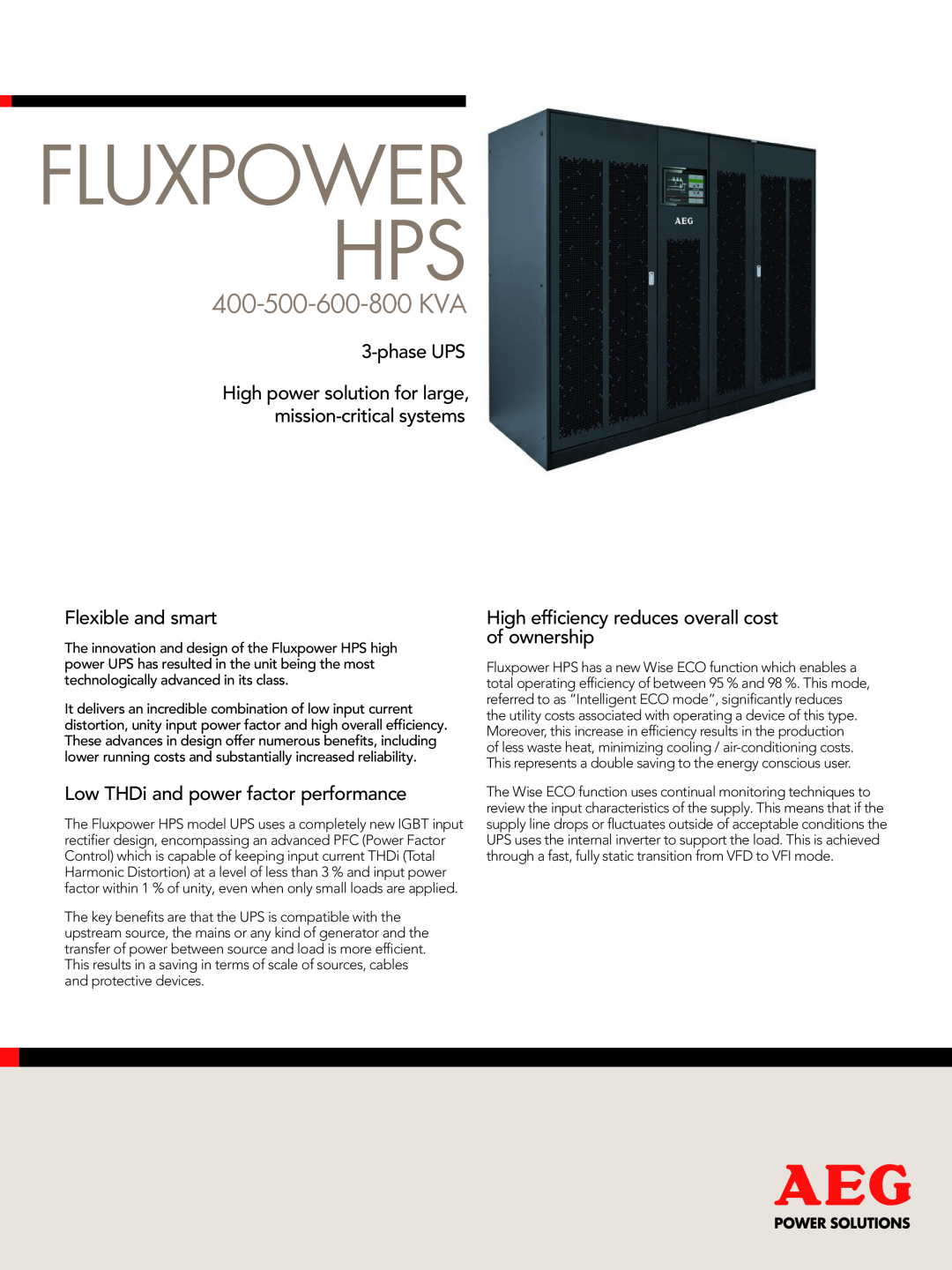 AEG 400 KVA manual Fluxpower Hps, 400-500-600-800 KVA, phase UPS, Flexible and smart 
