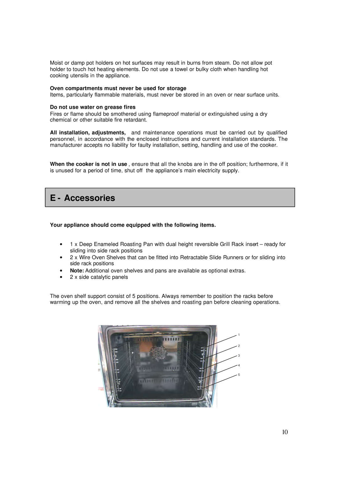 AEG 4006G-M user manual Accessories, Oven compartments must never be used for storage, Do not use water on grease fires 