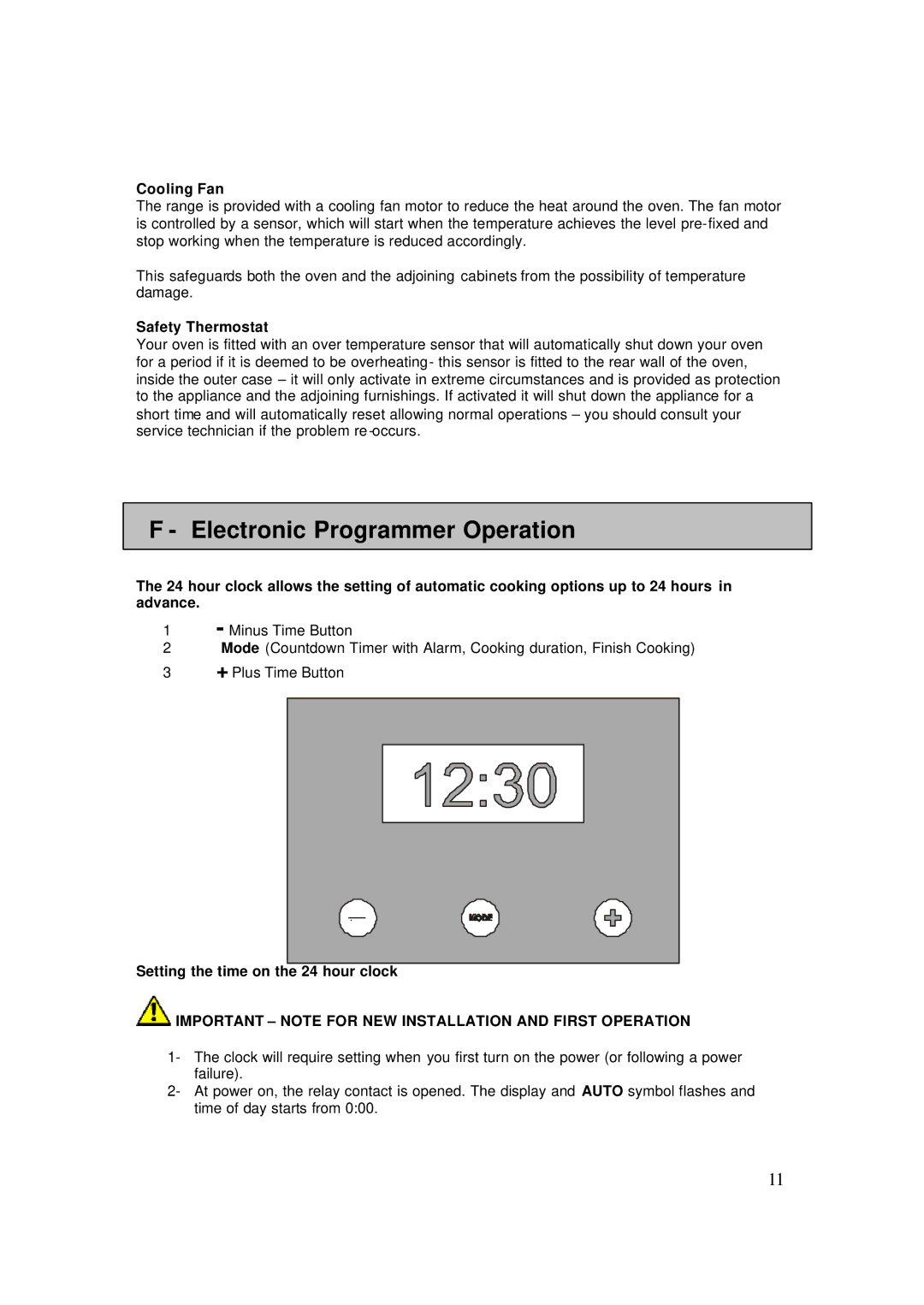 AEG 4006G-M Electronic Programmer Operation, Cooling Fan, Safety Thermostat, Setting the time on the 24 hour clock 