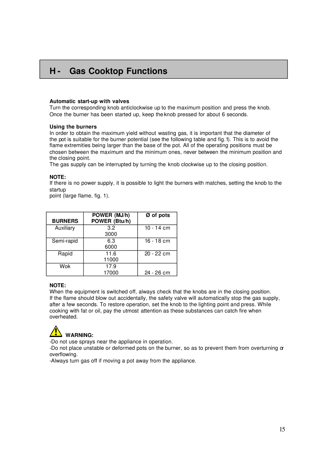 AEG 4006G-M user manual Gas Cooktop Functions, Automatic start-up with valves, Using the burners, Power MJ/h Pots, Burners 