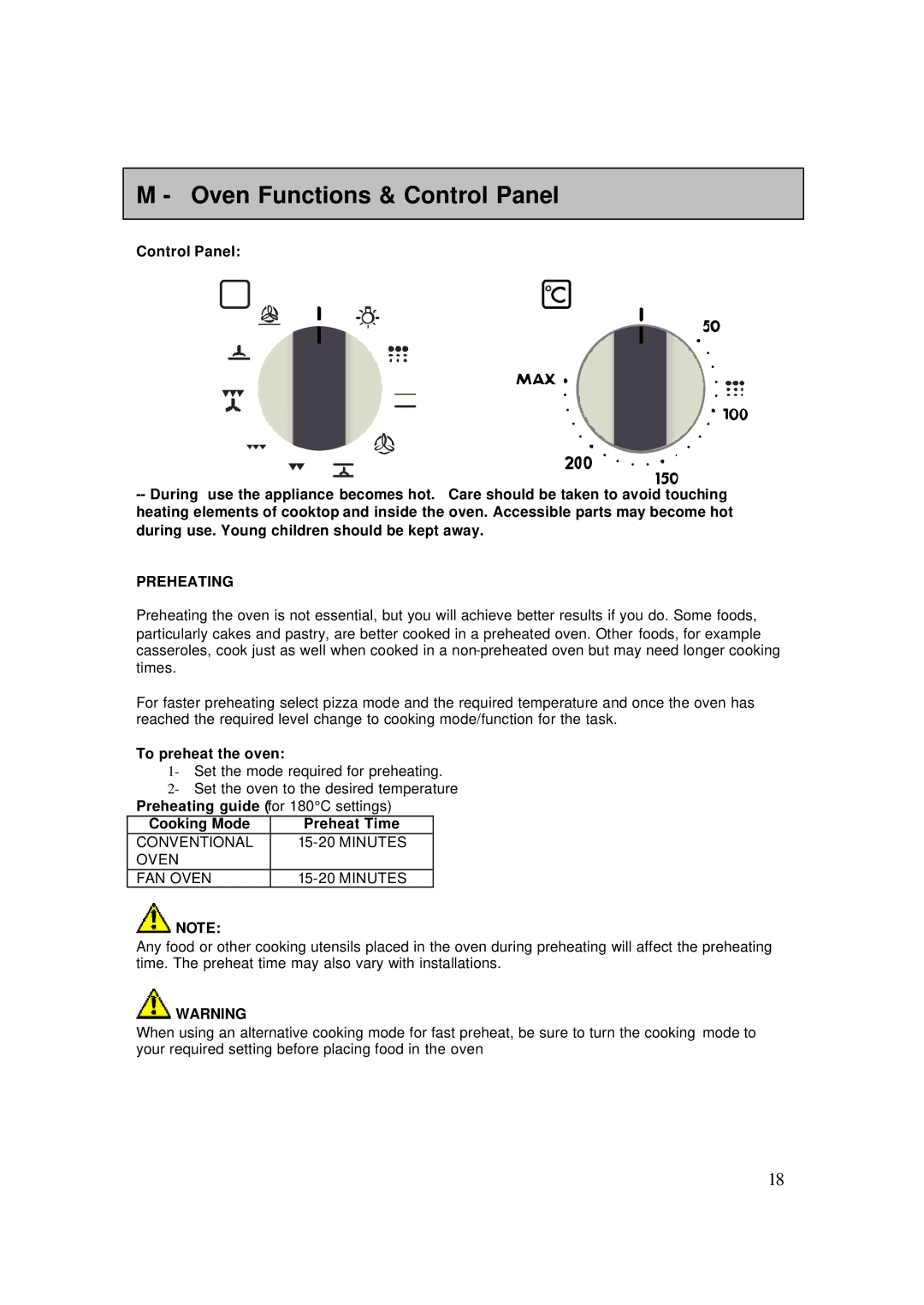 AEG 4006G-M user manual Oven Functions & Control Panel, Preheating, To preheat the oven, Cooking Mode Preheat Time 