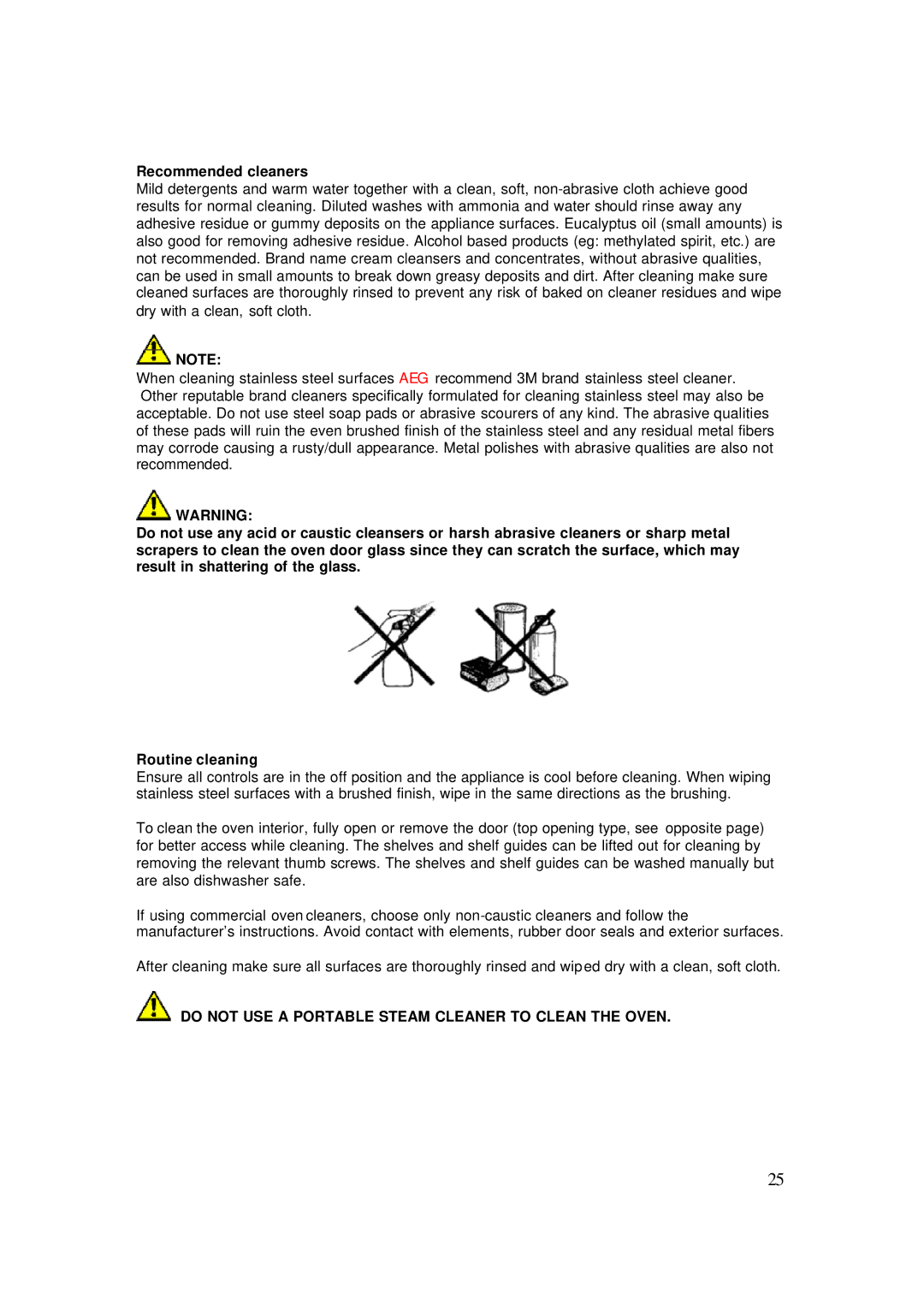 AEG 4006G-M user manual Recommended cleaners, Do not USE a Portable Steam Cleaner to Clean the Oven 