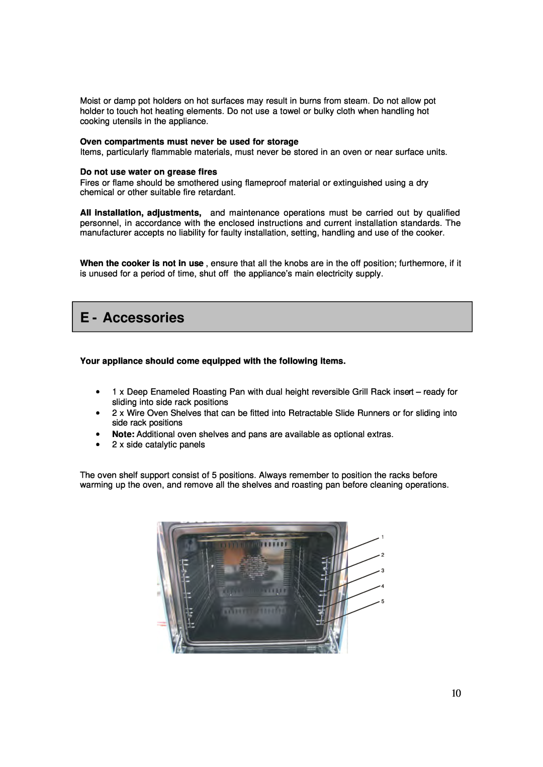 AEG 4006G-M user manual E - Accessories, Oven compartments must never be used for storage, Do not use water on grease fires 