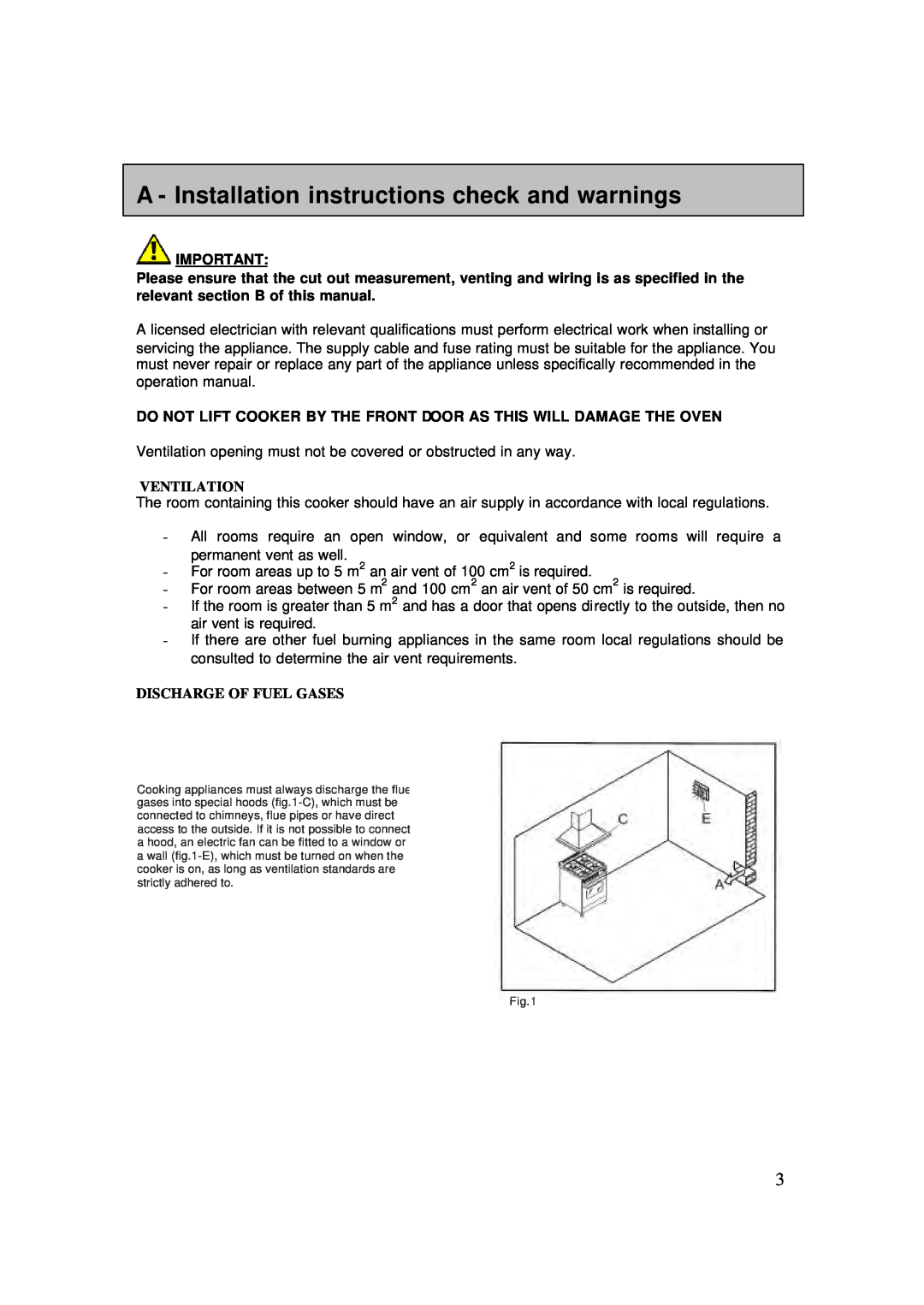 AEG 4006G-M user manual A - Installation instructions check and warnings, Ventilation, Discharge Of Fuel Gases 