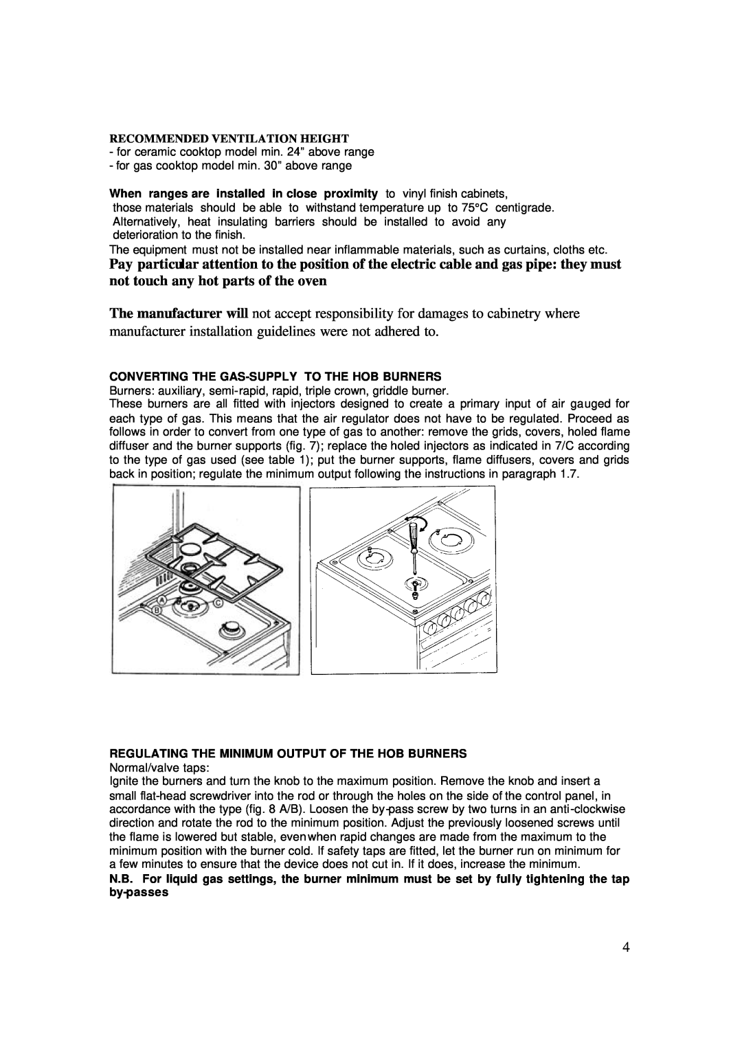 AEG 4006G-M user manual Recommended Ventilation Height, Regulating The Minimum Output Of The Hob Burners 