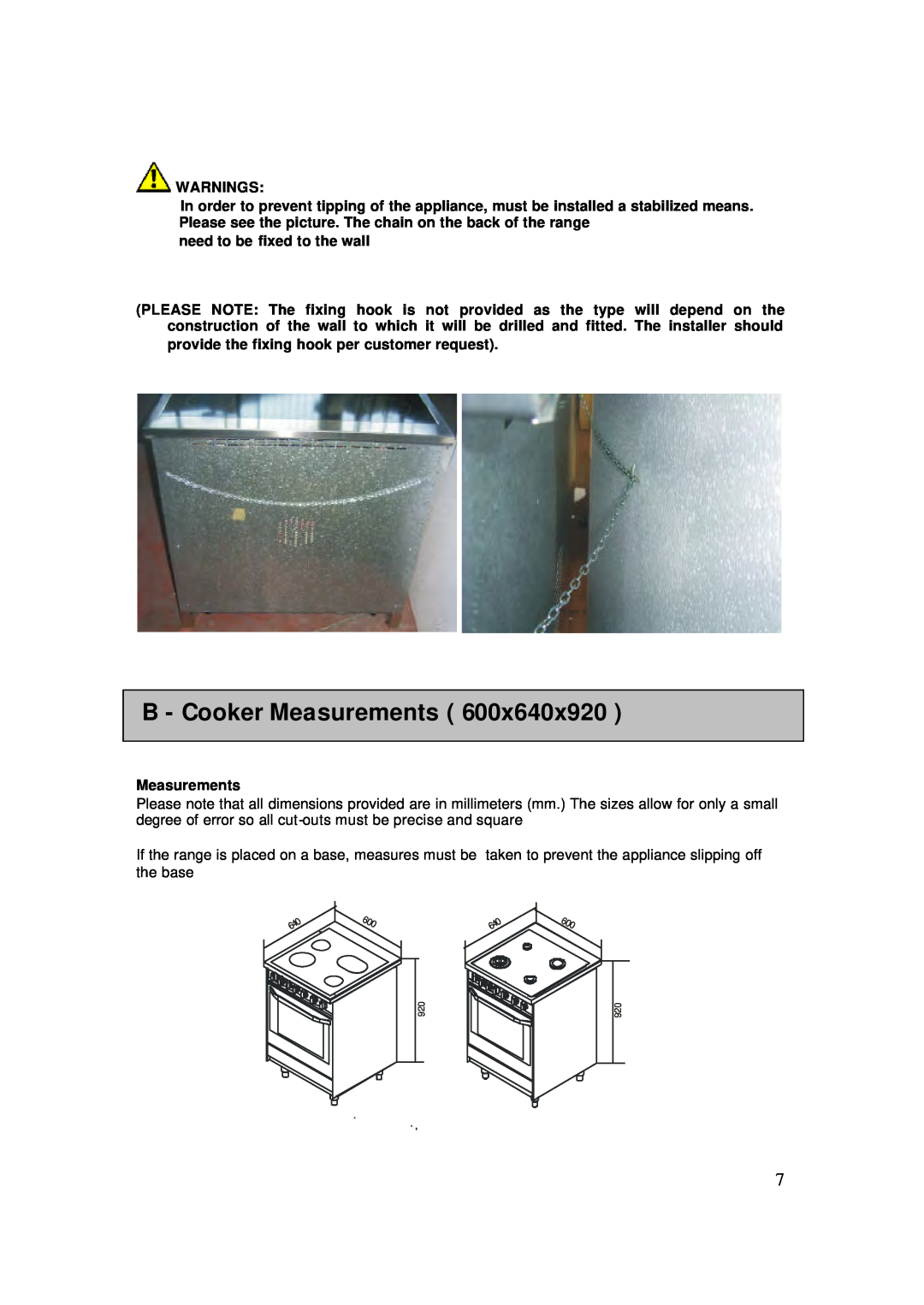AEG 4006G-M user manual B - Cooker Measurements, Warnings, need to be fixed to the wall 