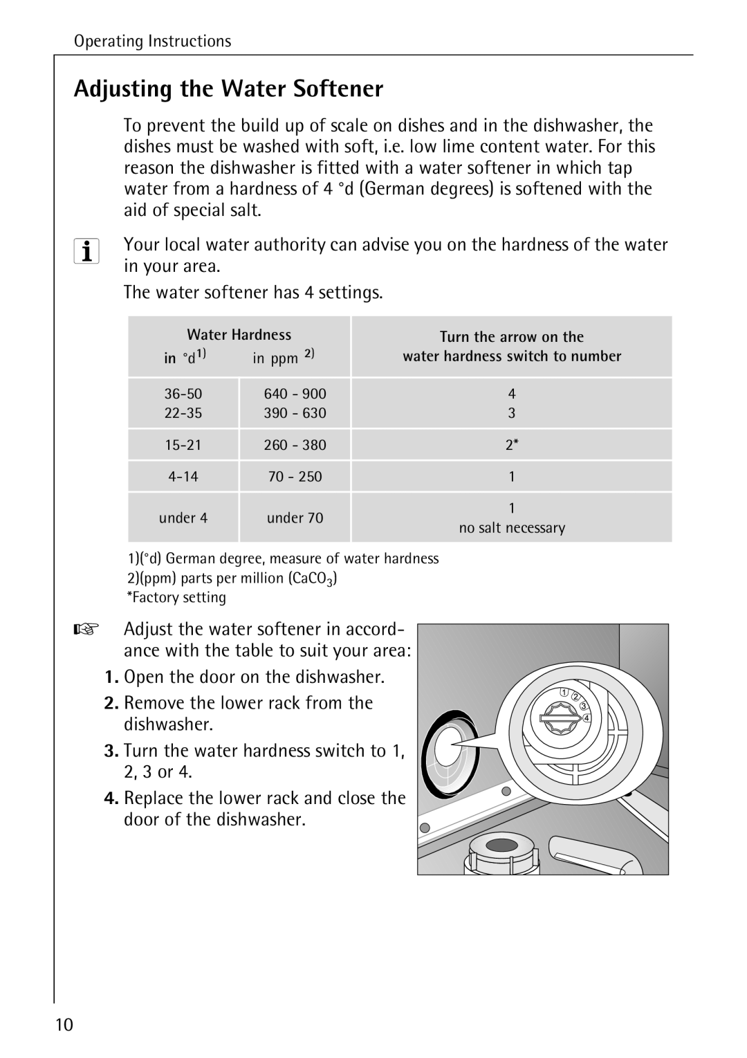 AEG 40260 I manual Adjusting the Water Softener, Your area 