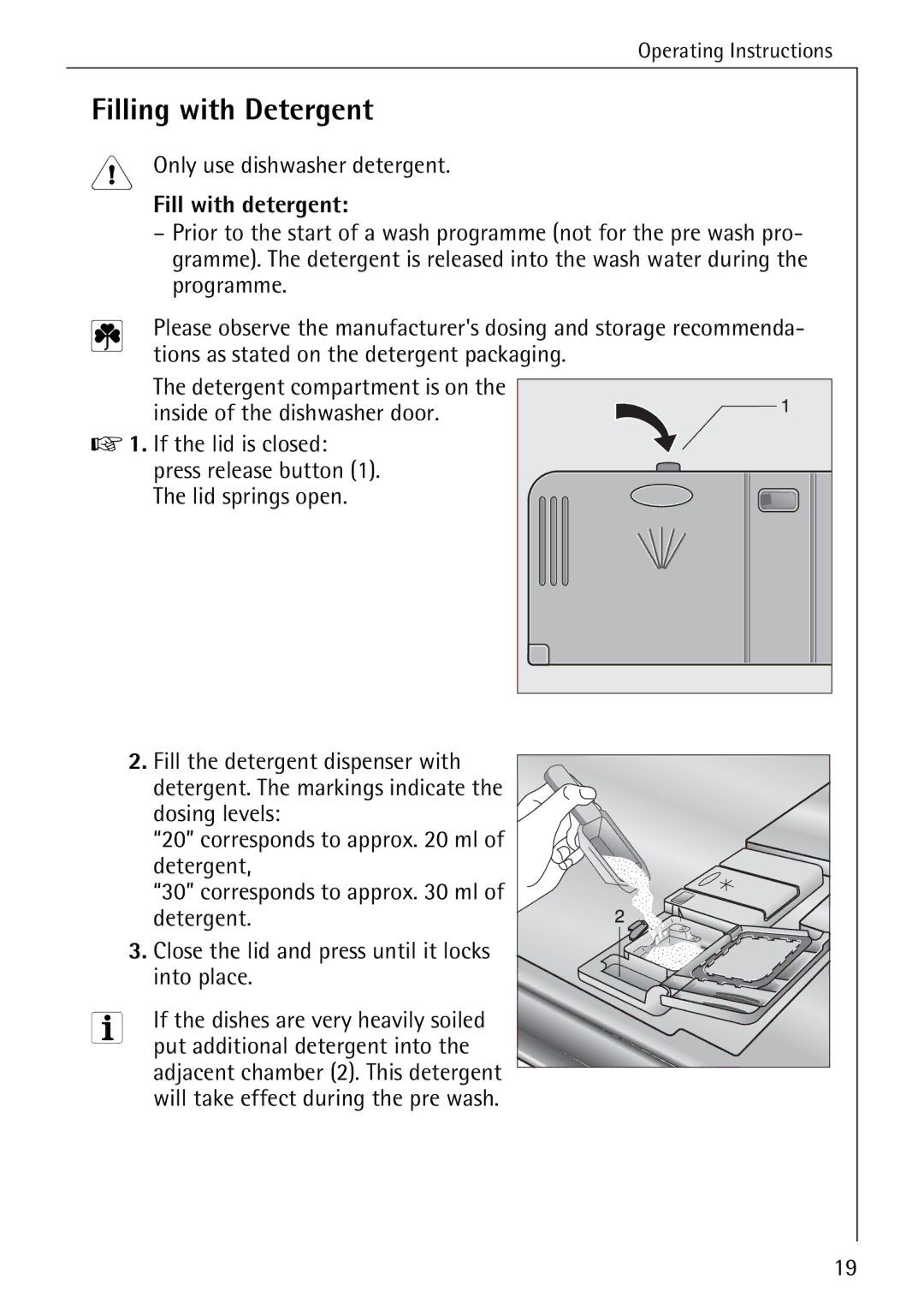 AEG 40260 I manual Filling with Detergent, Fill with detergent 