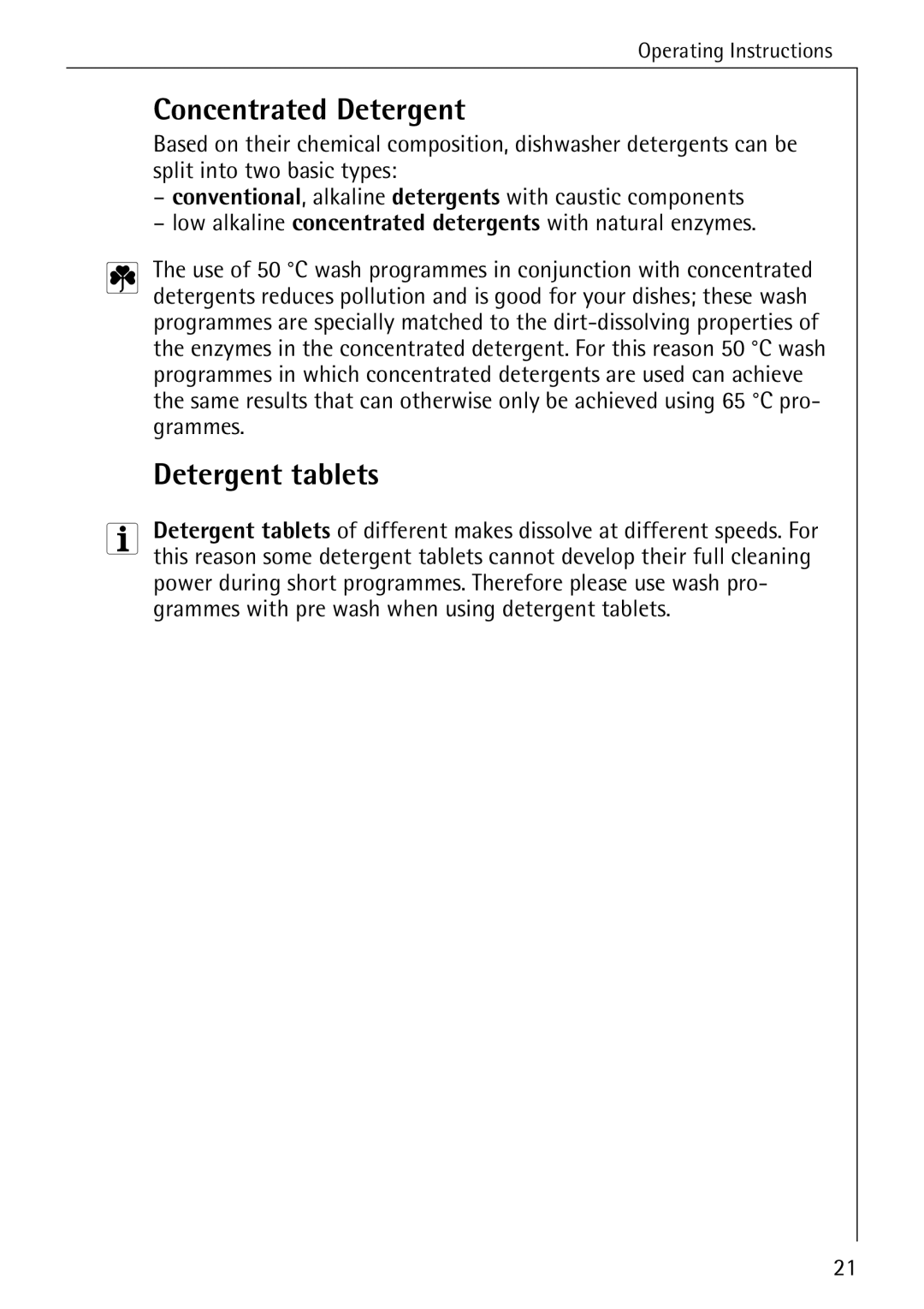 AEG 40260 I manual Concentrated Detergent, Detergent tablets 