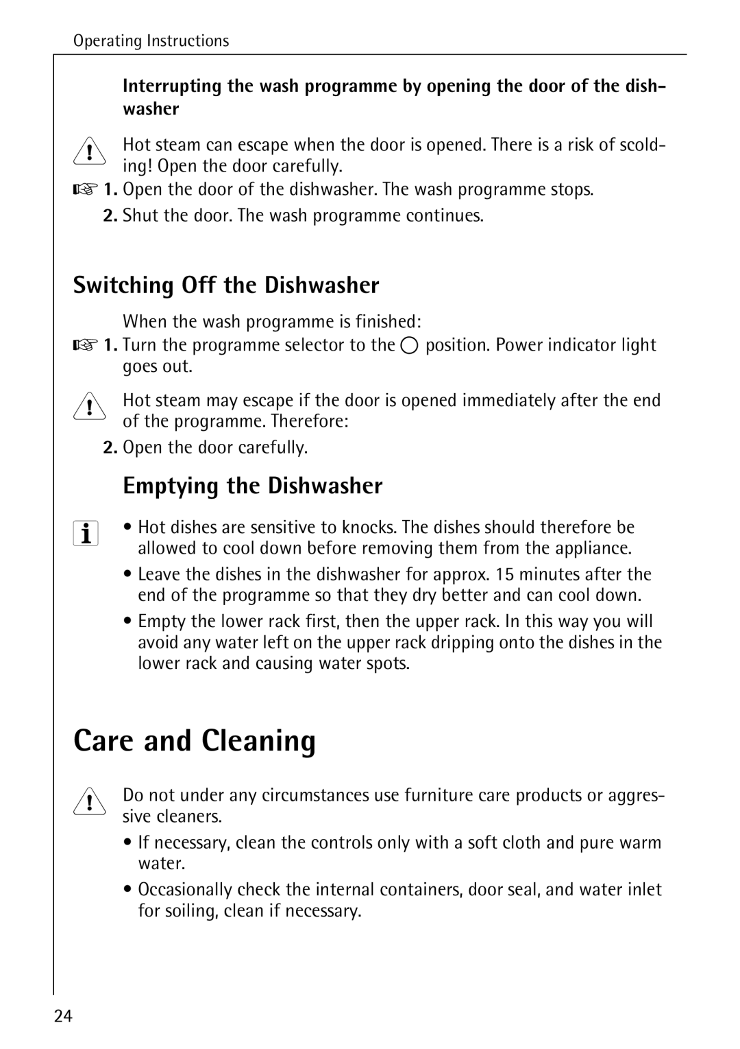 AEG 40260 I manual Care and Cleaning, Switching Off the Dishwasher, Emptying the Dishwasher, Washer 