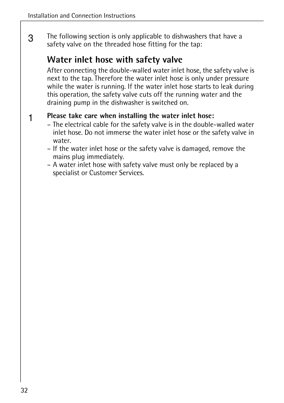 AEG 40260 I manual Water inlet hose with safety valve, Safety valve on the threaded hose fitting for the tap 