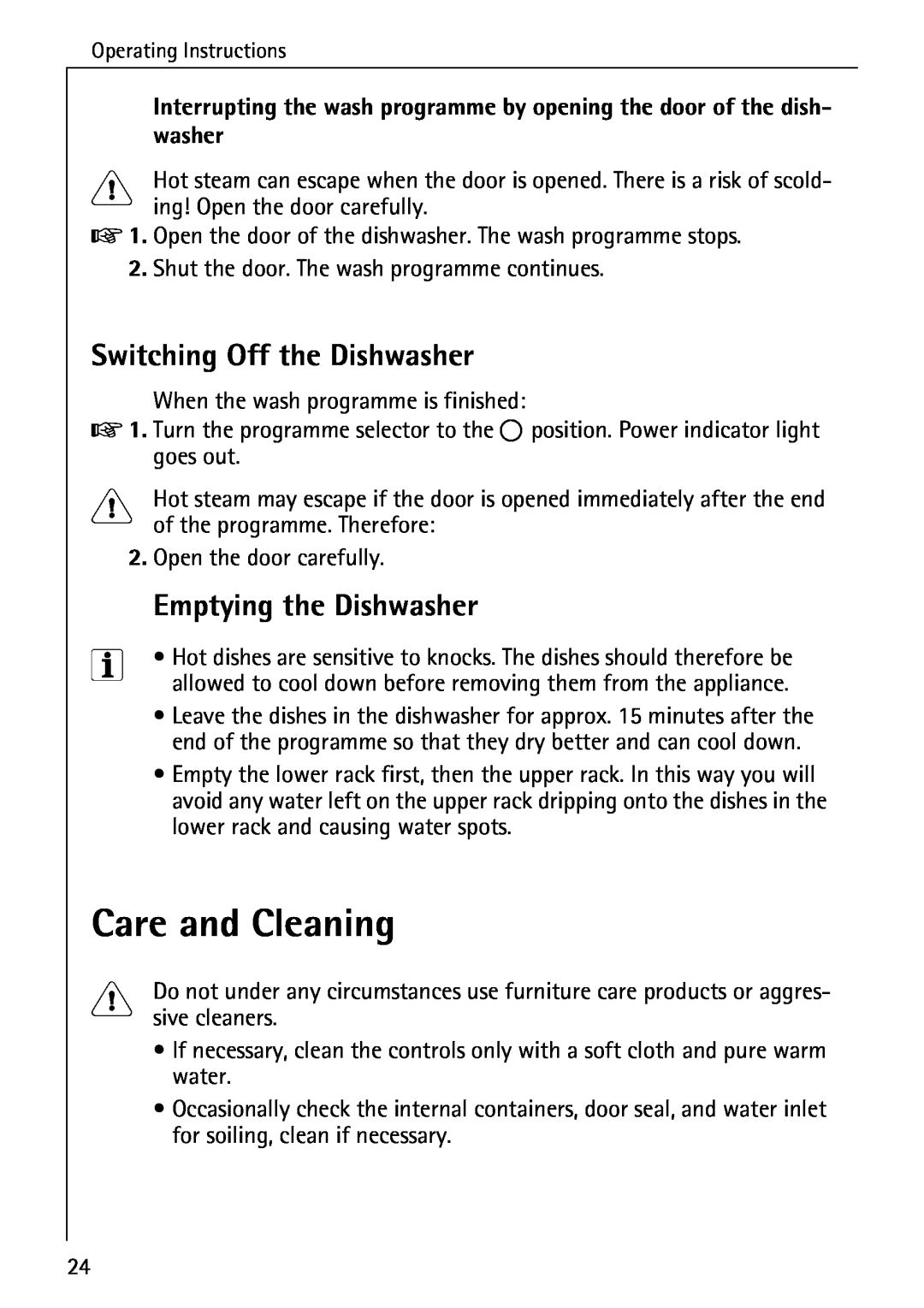 AEG 40260 I manual Care and Cleaning, Switching Off the Dishwasher, Emptying the Dishwasher 