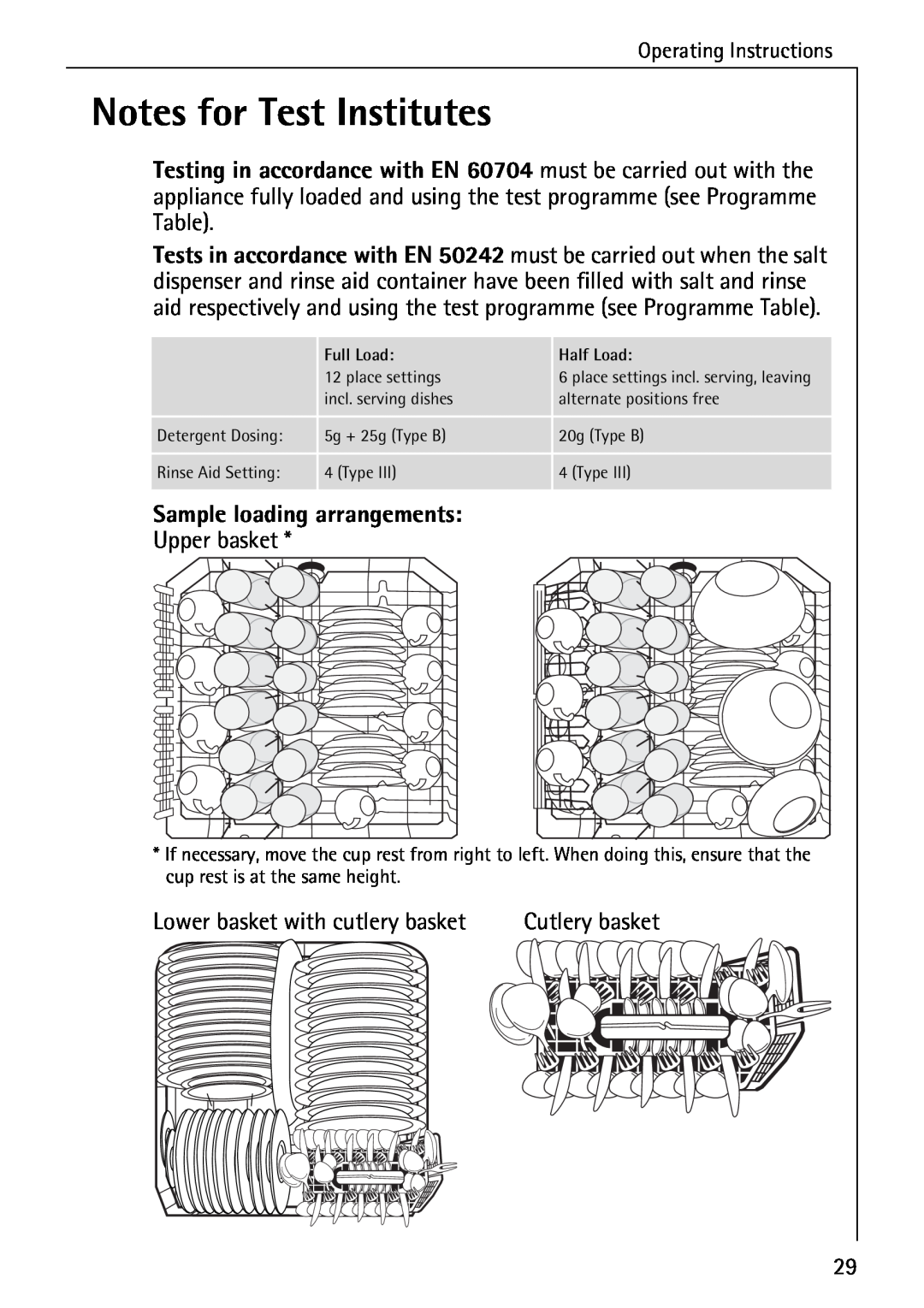 AEG 40260 I Notes for Test Institutes, Sample loading arrangements, Cutlery basket, place settings incl. serving, leaving 