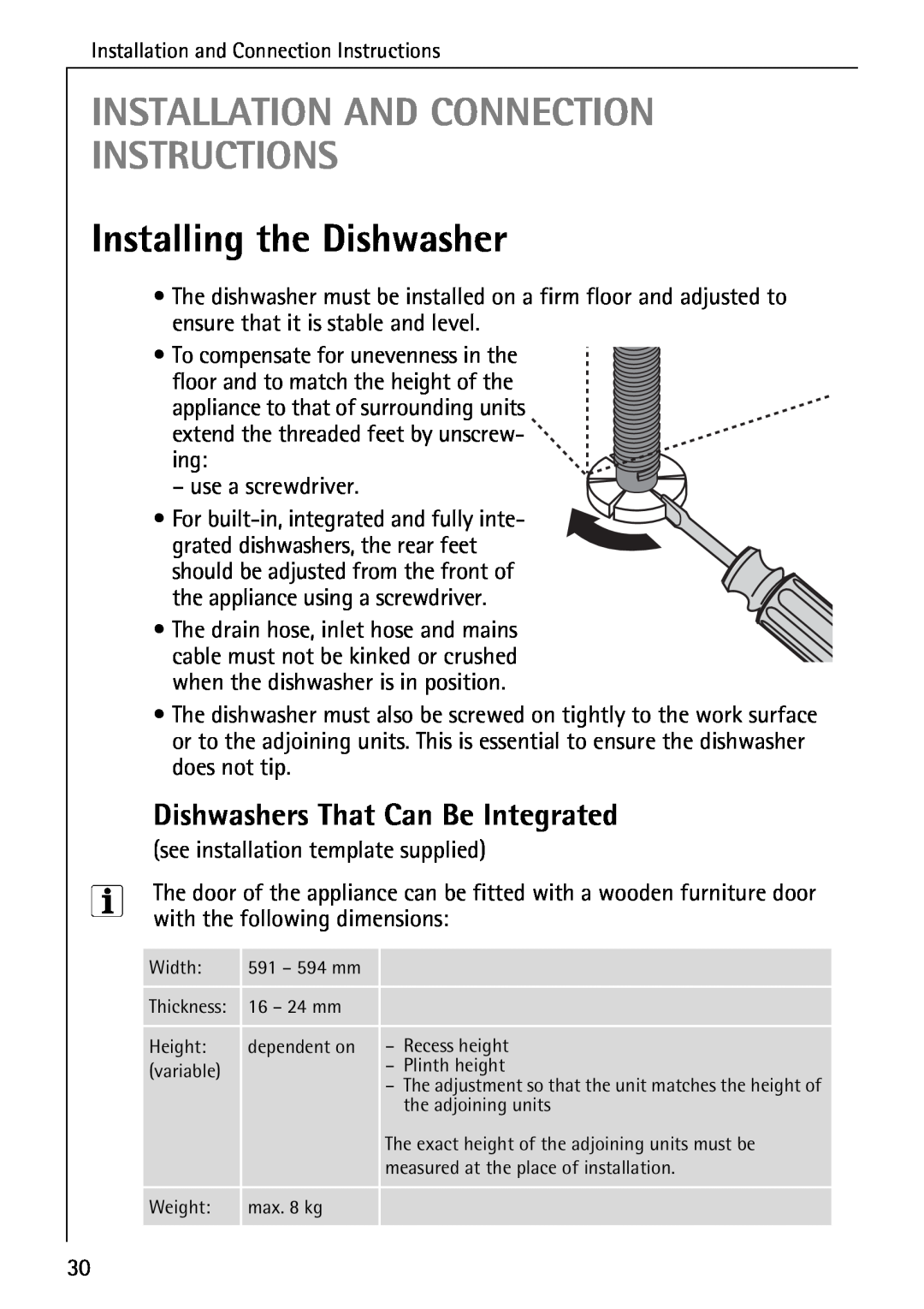 AEG 40260 I manual Installation And Connection Instructions, Installing the Dishwasher, Dishwashers That Can Be Integrated 