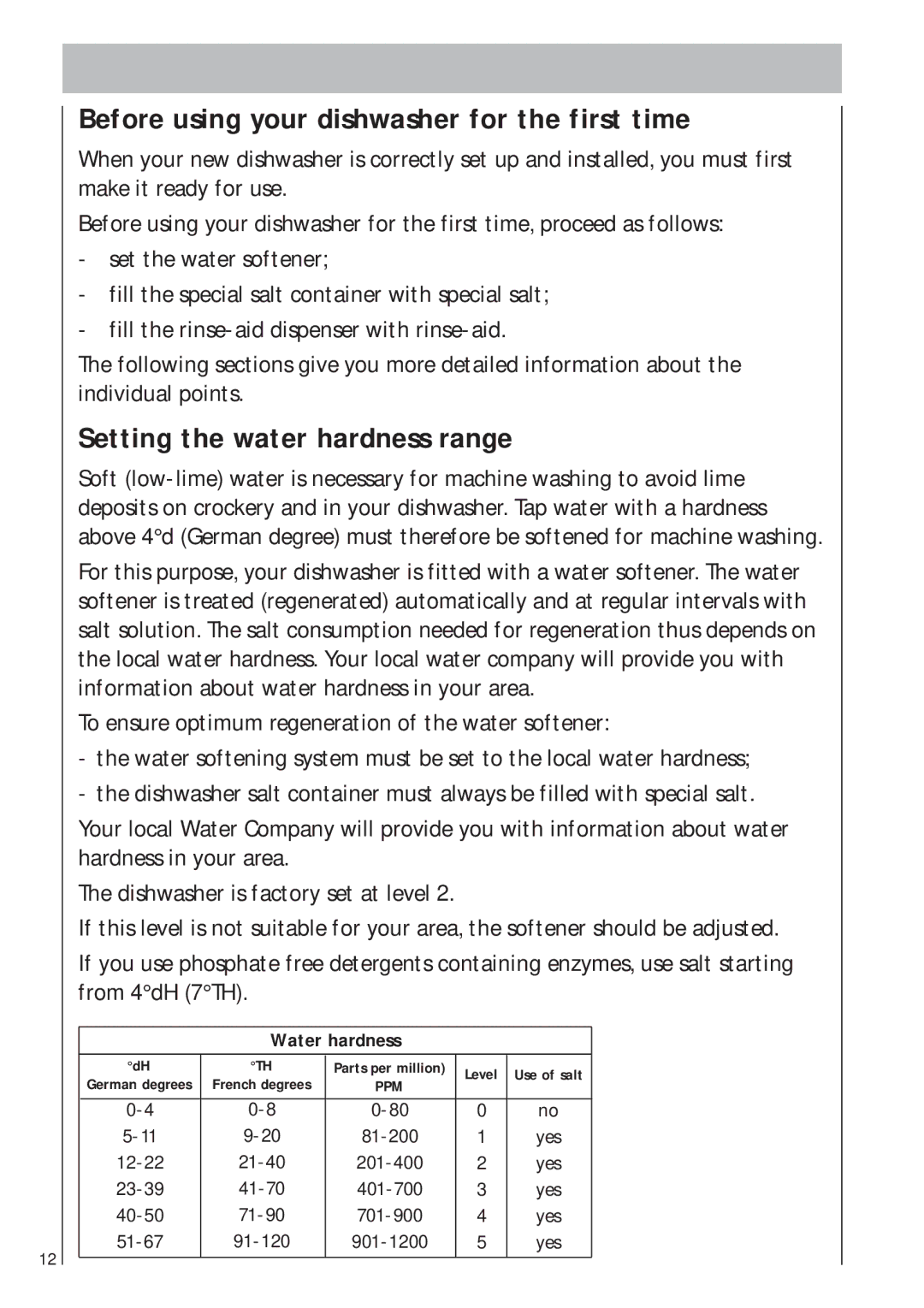 AEG 403 manual Before using your dishwasher for the first time, Setting the water hardness range 