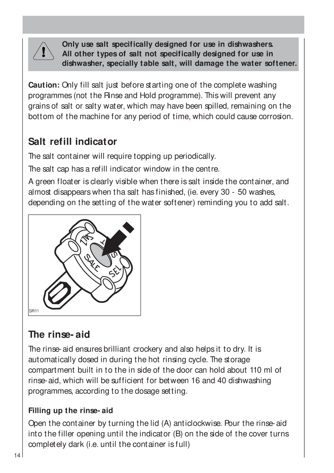 AEG 403 manual Salt refill indicator, Rinse-aid, Filling up the rinse-aid 