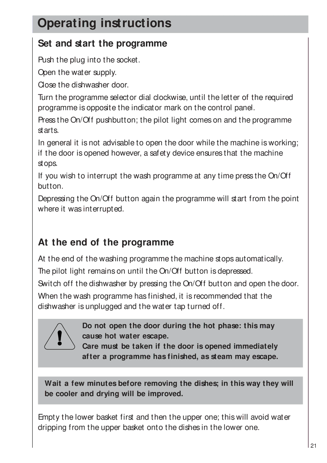 AEG 403 manual Operating instructions, Set and start the programme, At the end of the programme 