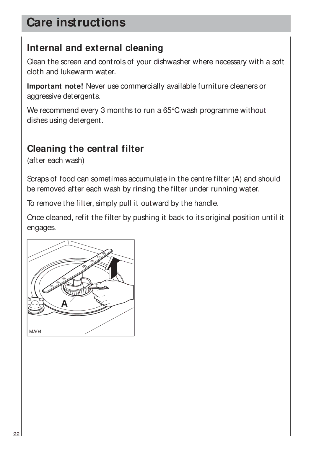 AEG 403 manual Care instructions, Internal and external cleaning, Cleaning the central filter 