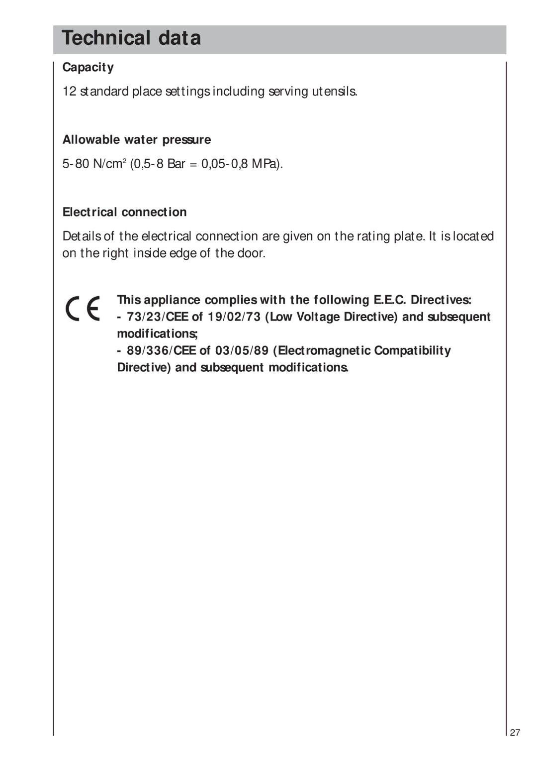 AEG 403 manual Technical data, Capacity, Allowable water pressure, Electrical connection 