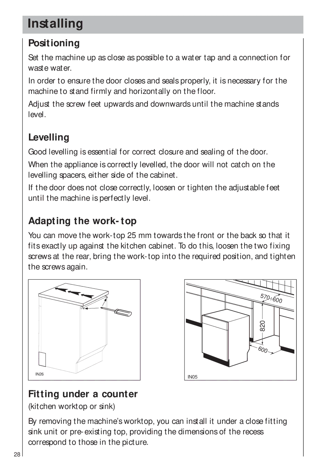 AEG 403 manual Installing, Positioning, Levelling, Adapting the work-top, Fitting under a counter 