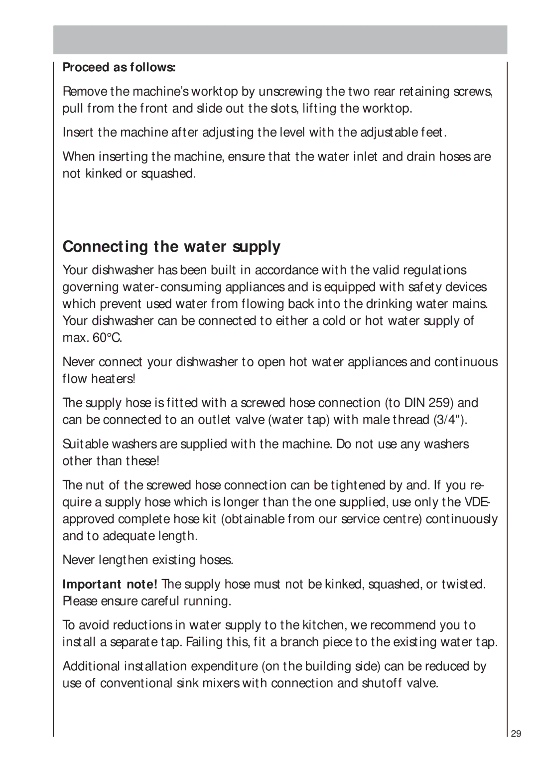 AEG 403 manual Connecting the water supply, Proceed as follows 