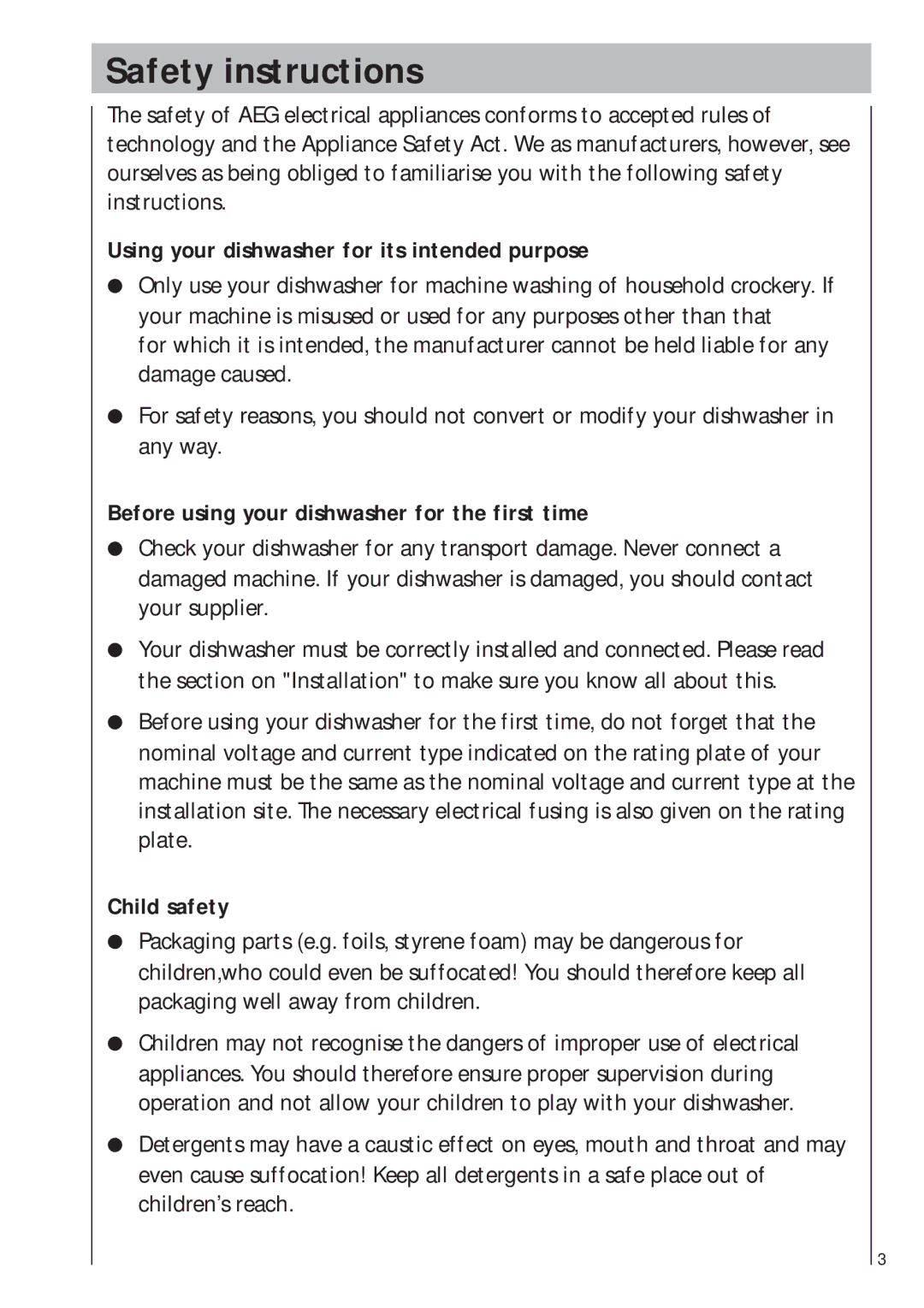 AEG 403 manual Safety instructions, Using your dishwasher for its intended purpose, Child safety 