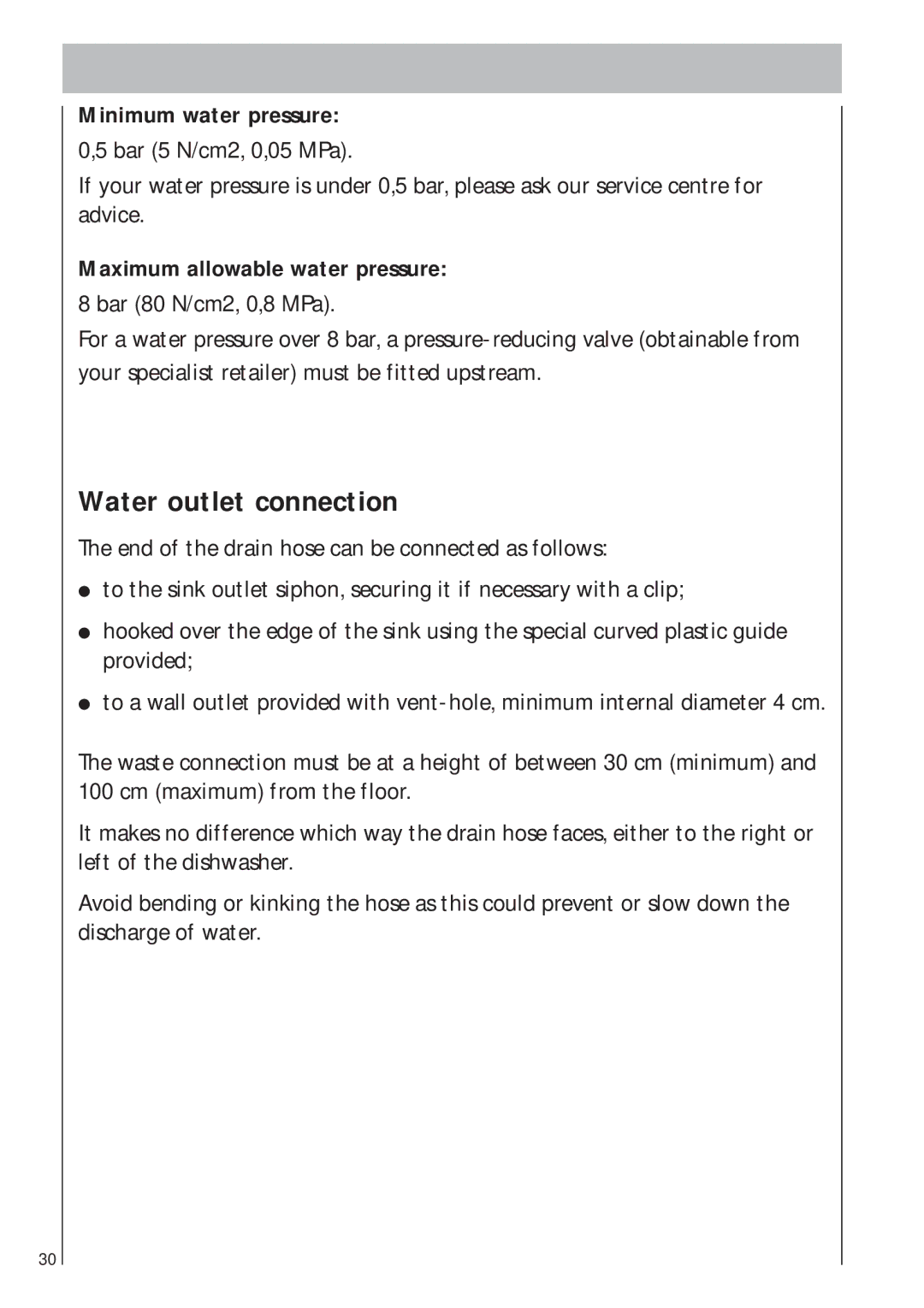 AEG 403 manual Water outlet connection, Minimum water pressure, Maximum allowable water pressure 