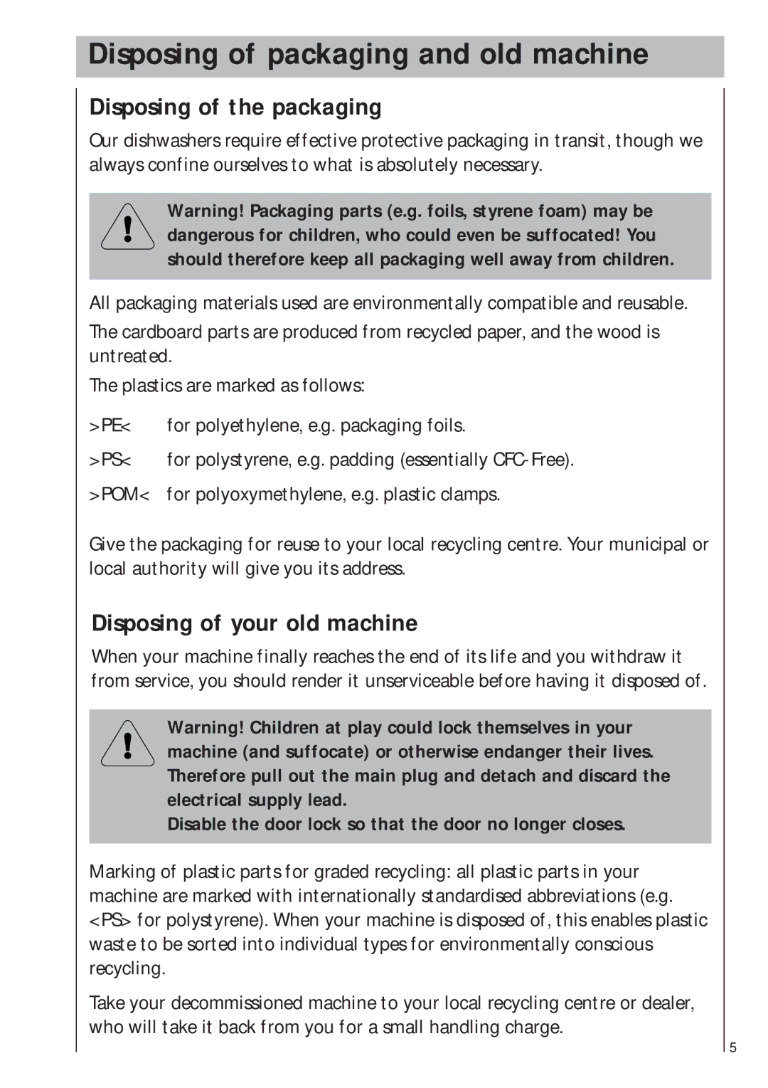 AEG 403 manual Disposing of packaging and old machine, Disposing of the packaging, Disposing of your old machine 