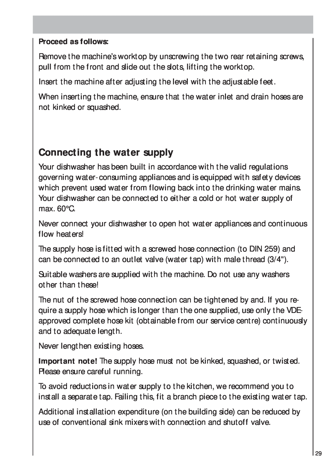 AEG 403 manual Connecting the water supply, Proceed as follows 
