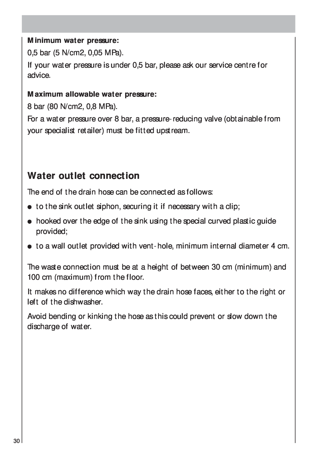 AEG 403 manual Water outlet connection, Minimum water pressure, Maximum allowable water pressure 