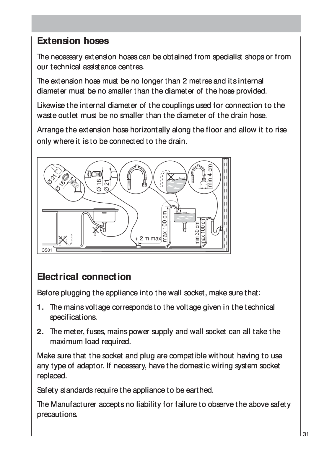 AEG 403 manual Extension hoses, Electrical connection 