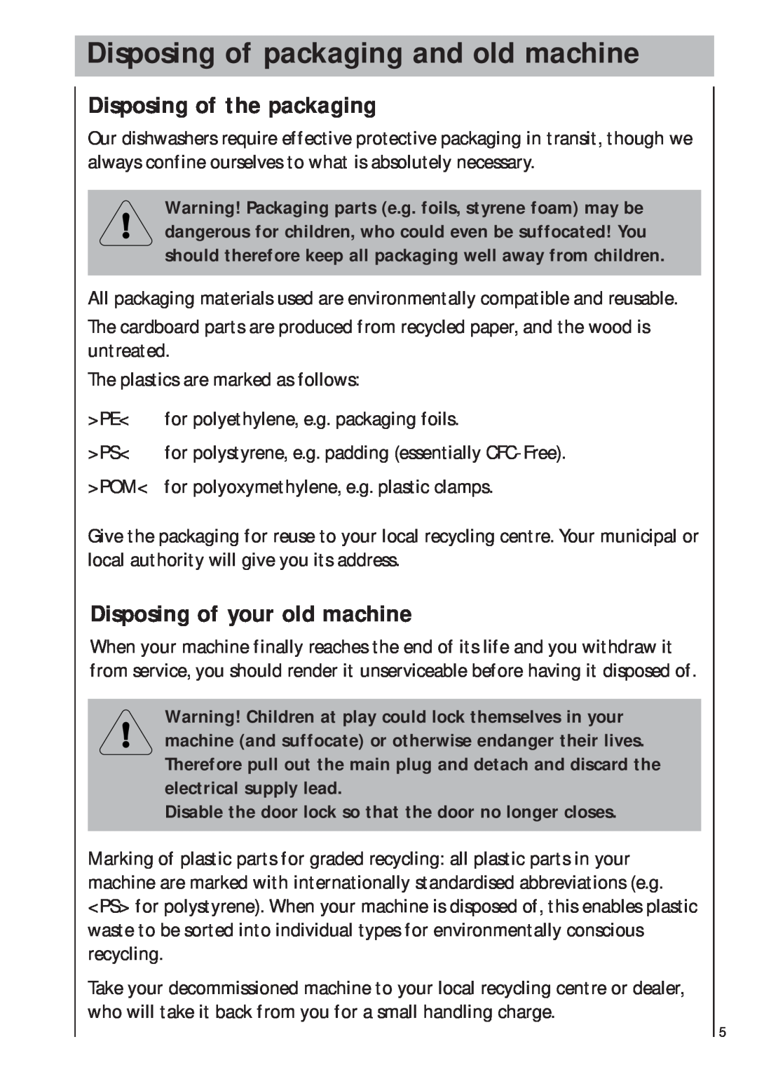 AEG 403 manual Disposing of packaging and old machine, Disposing of the packaging, Disposing of your old machine 