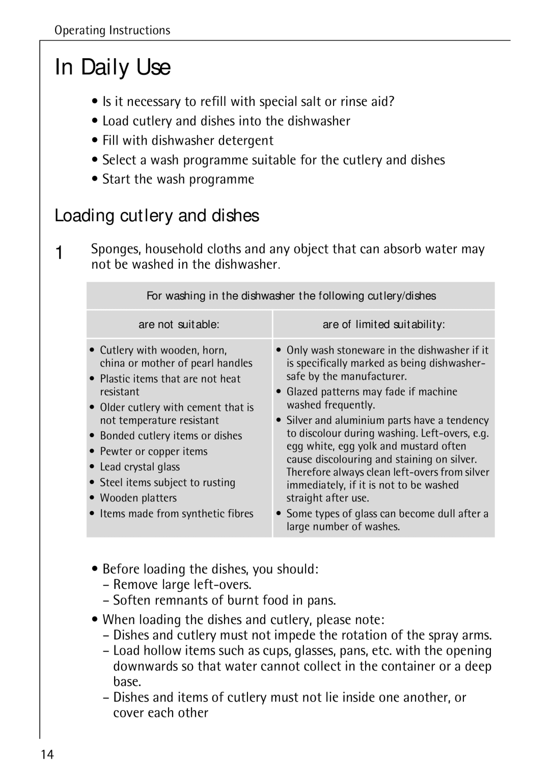 AEG 40360 I manual Daily Use, Loading cutlery and dishes, Not be washed in the dishwasher 