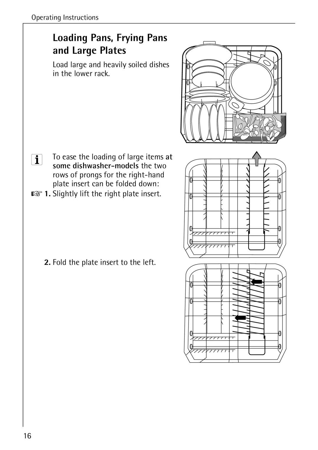 AEG 40360 I manual Loading Pans, Frying Pans and Large Plates, Load large and heavily soiled dishes in the lower rack 