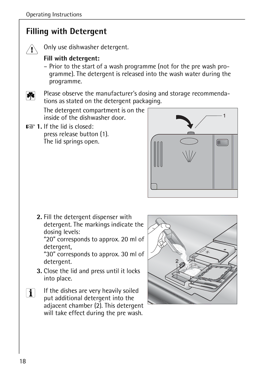 AEG 40360 I manual Filling with Detergent, Fill with detergent 