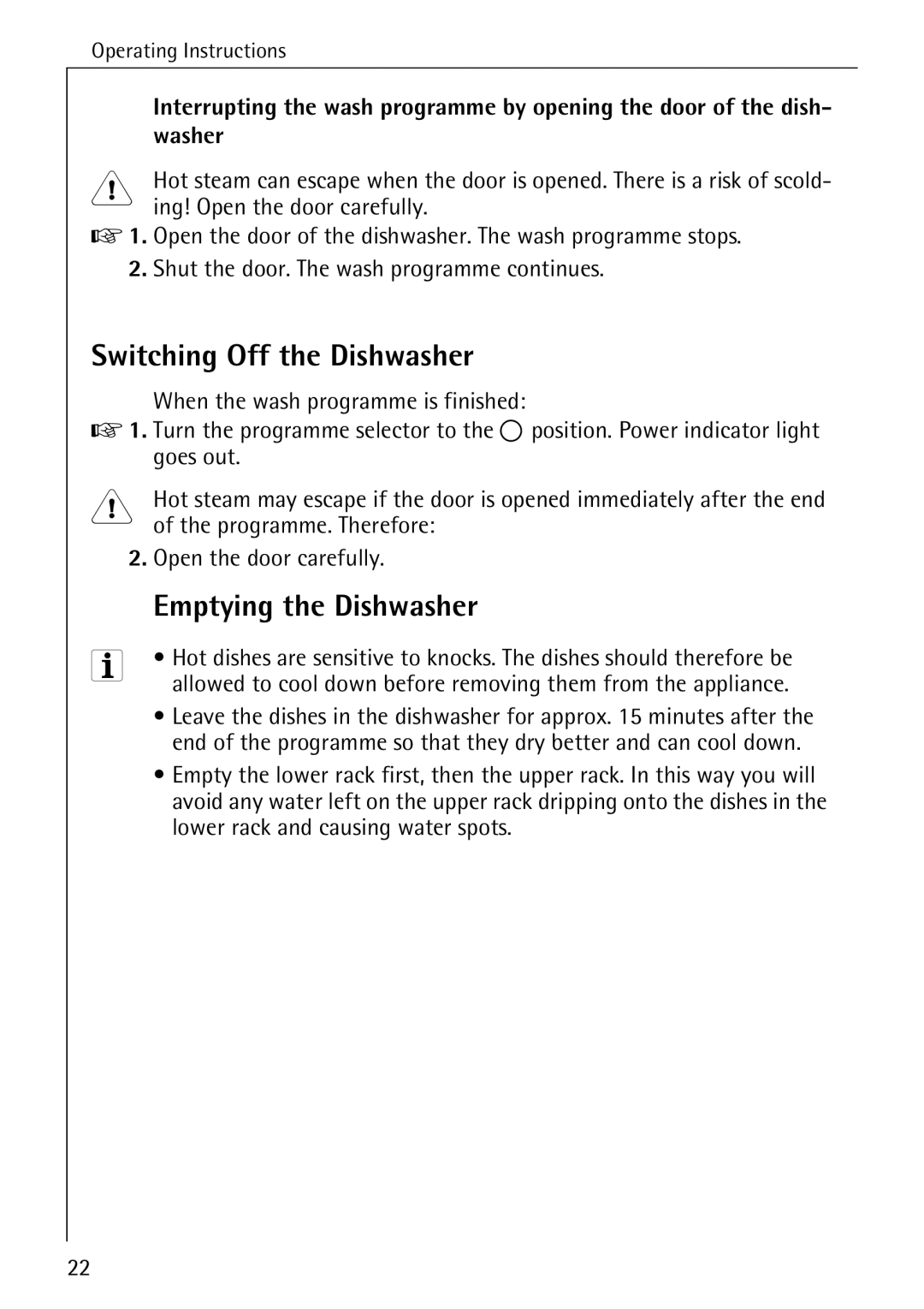 AEG 40360 I manual Switching Off the Dishwasher, Emptying the Dishwasher, Washer 