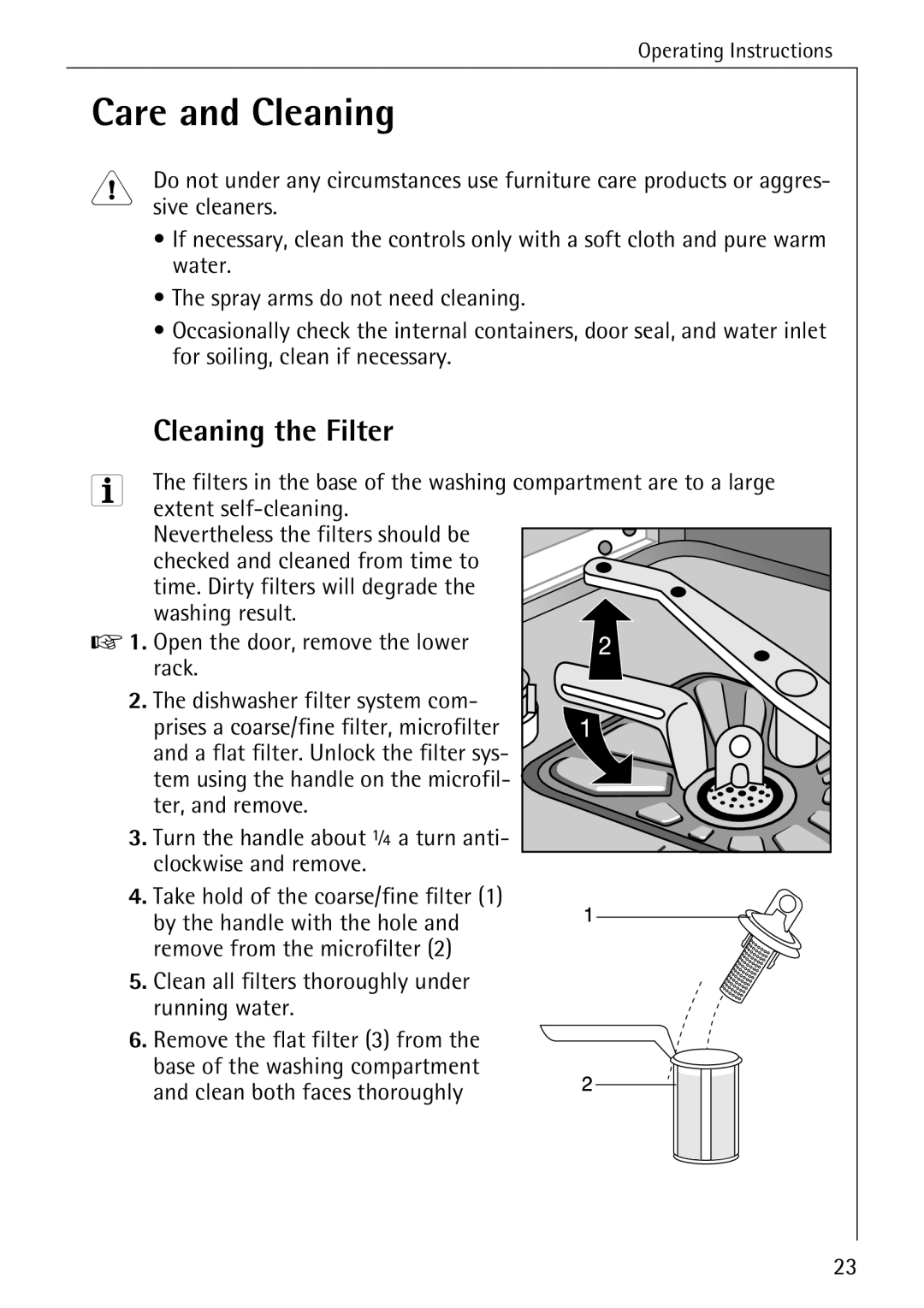 AEG 40360 I manual Care and Cleaning, Cleaning the Filter 