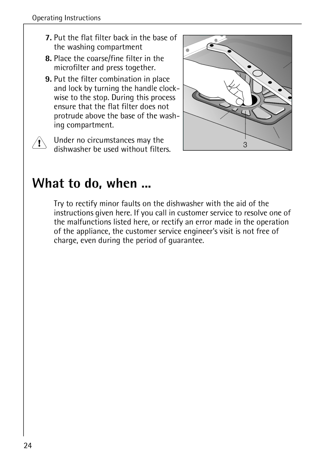 AEG 40360 I manual What to do, when, Put the flat filter back in the base Washing compartment 