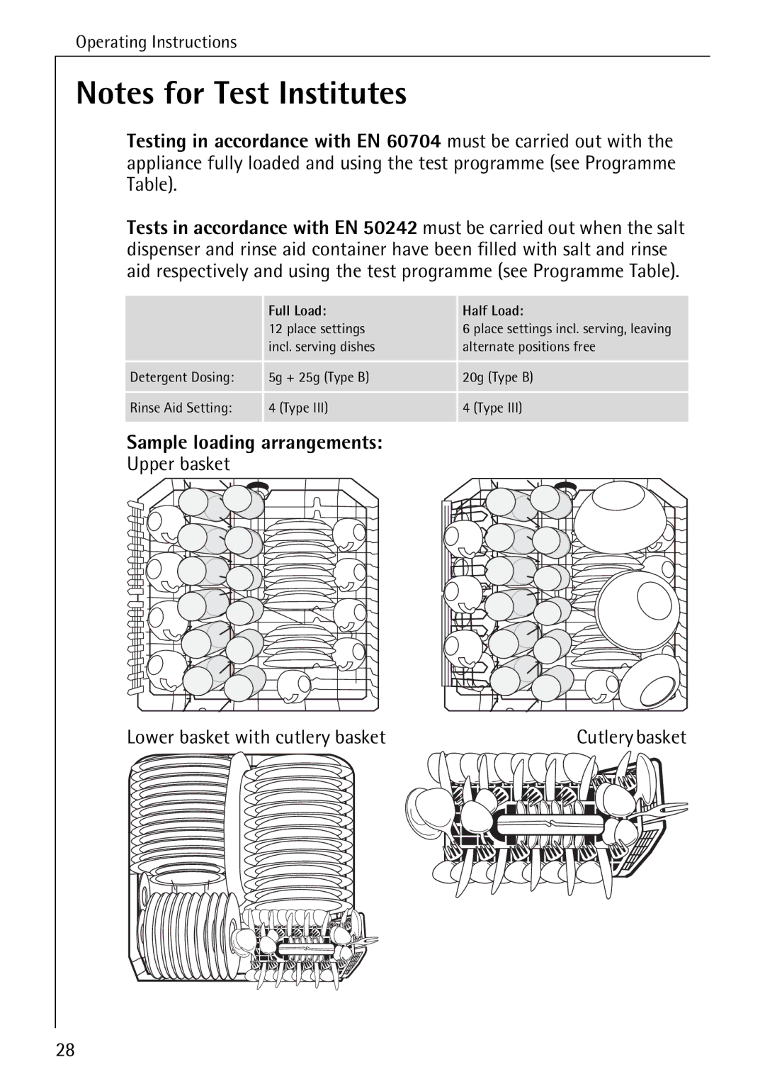 AEG 40360 I manual Sample loading arrangements, Upper basket Lower basket with cutlery basket 